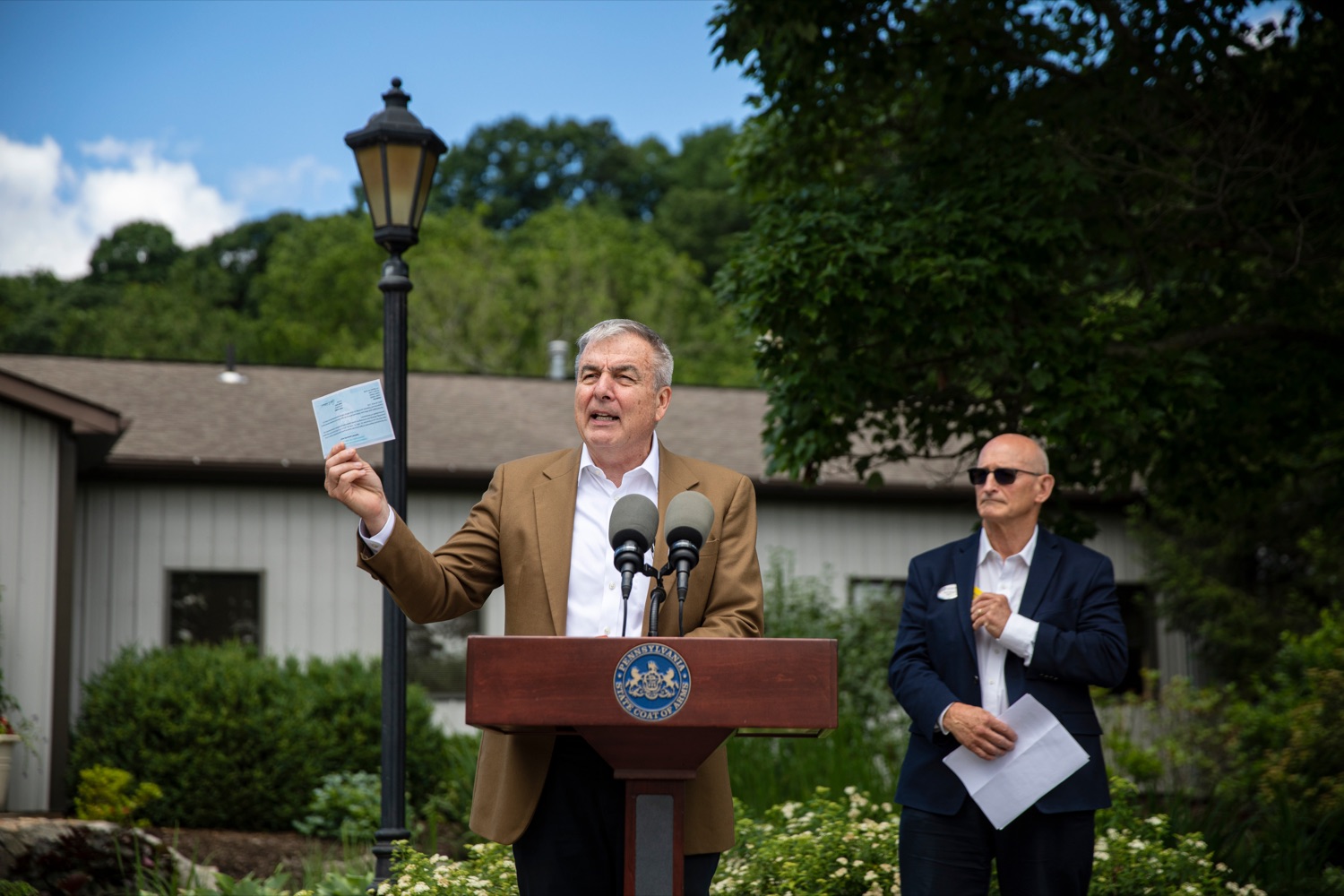 Dan Eichenlaub, president of Eichenlaub, Inc., speaks during a press conference, which provided an update on the state of spotted lanternfly in Pennsylvania and the path to beating this invasive specie, at Eichenlaub Inc. in Allegheny County, on Tuesday, June 22, 2021.<br><a href="https://filesource.amperwave.net/commonwealthofpa/photo/18842_AGRIC_SLF_NK_015.jpg" target="_blank">⇣ Download Photo</a>