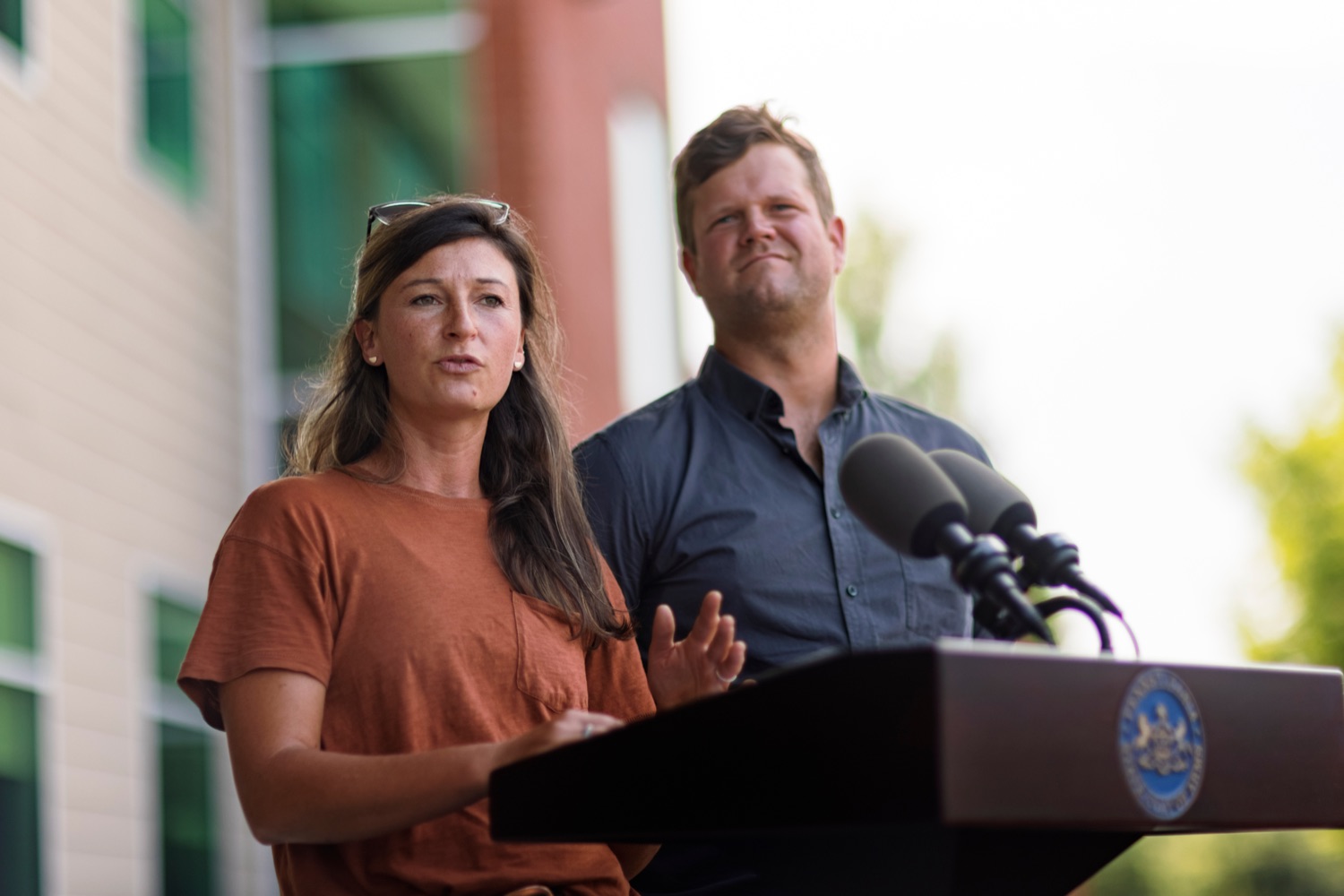 Matt and Julie Henninger, of Good Keeper Farm, speak during a press conference, which highlighted the success of Pennsylvania's farm to school programs, at Hill Top Academy in Mechanicsburg on Friday, August 27, 2021.<br><a href="https://filesource.amperwave.net/commonwealthofpa/photo/19054_AGRIC_FarmToSchool_NK_009.jpg" target="_blank">⇣ Download Photo</a>
