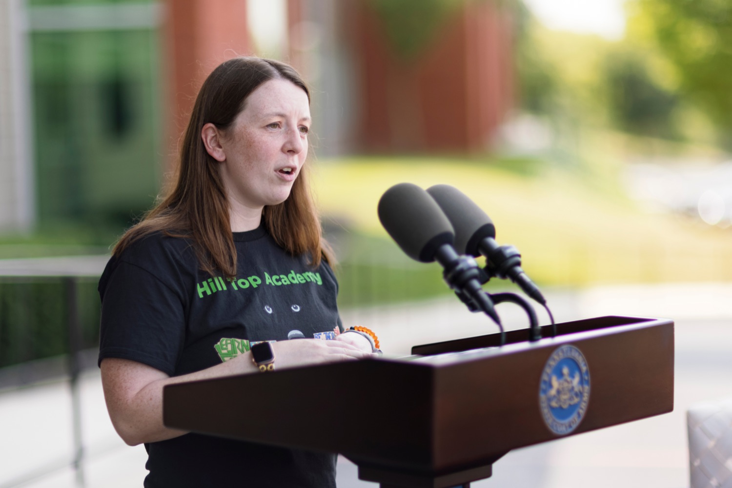 Jennifer Sciacca, of Hill Top Academy and grant project manager of Farm to School, speaks during a press conference, which highlighted the success of Pennsylvania's farm to school programs, at Hill Top Academy in Mechanicsburg on Friday, August 27, 2021.<br><a href="https://filesource.amperwave.net/commonwealthofpa/photo/19054_AGRIC_FarmToSchool_NK_011.jpg" target="_blank">⇣ Download Photo</a>