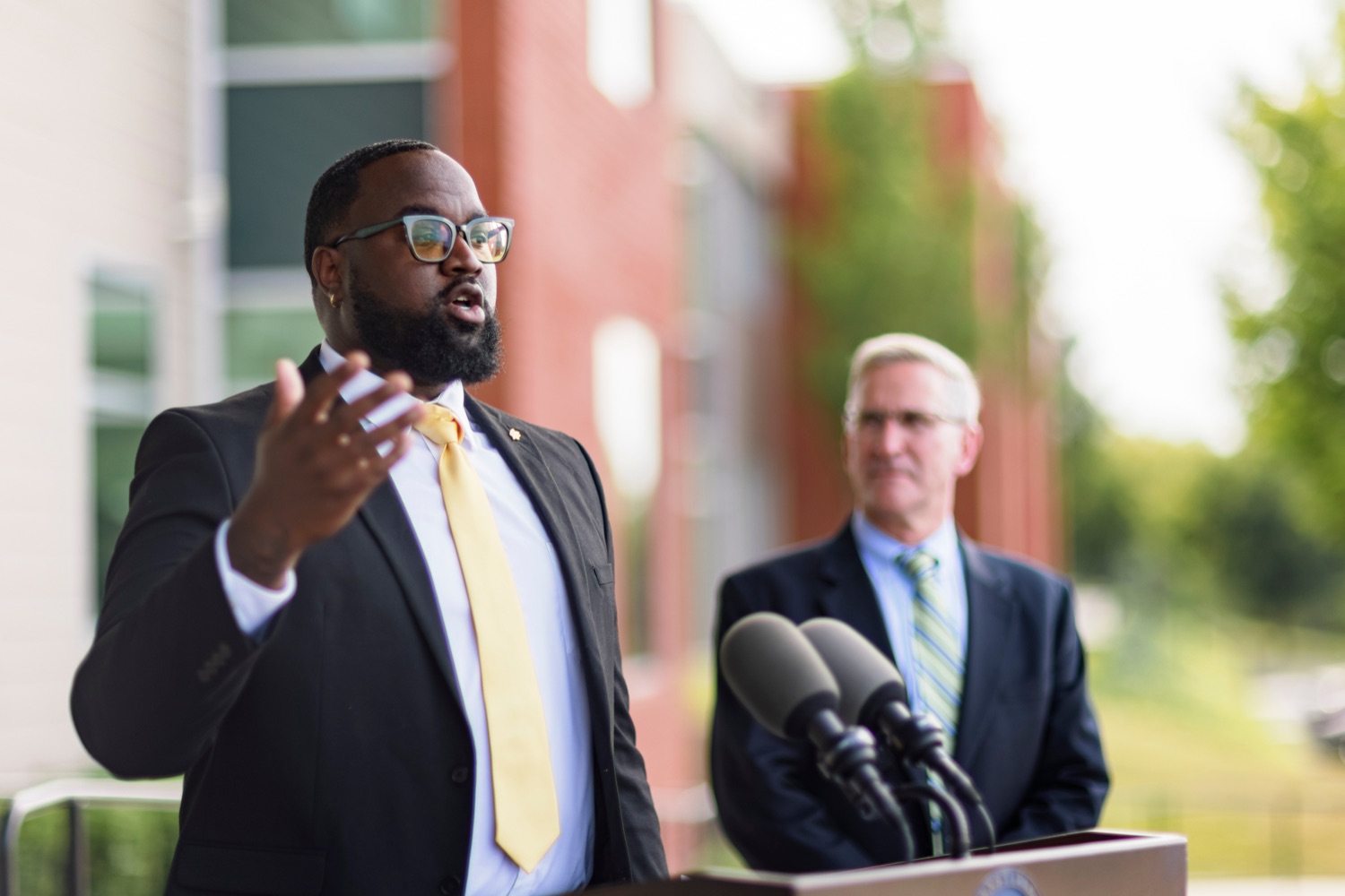 Stephon Fitzpatrick, executive director of Pennsylvania commission for Agriculture Education Excellence, speaks during a press conference, which highlighted the success of Pennsylvania's farm to school programs, at Hill Top Academy in Mechanicsburg on Friday, August 27, 2021.<br><a href="https://filesource.amperwave.net/commonwealthofpa/photo/19054_AGRIC_FarmToSchool_NK_020.jpg" target="_blank">⇣ Download Photo</a>
