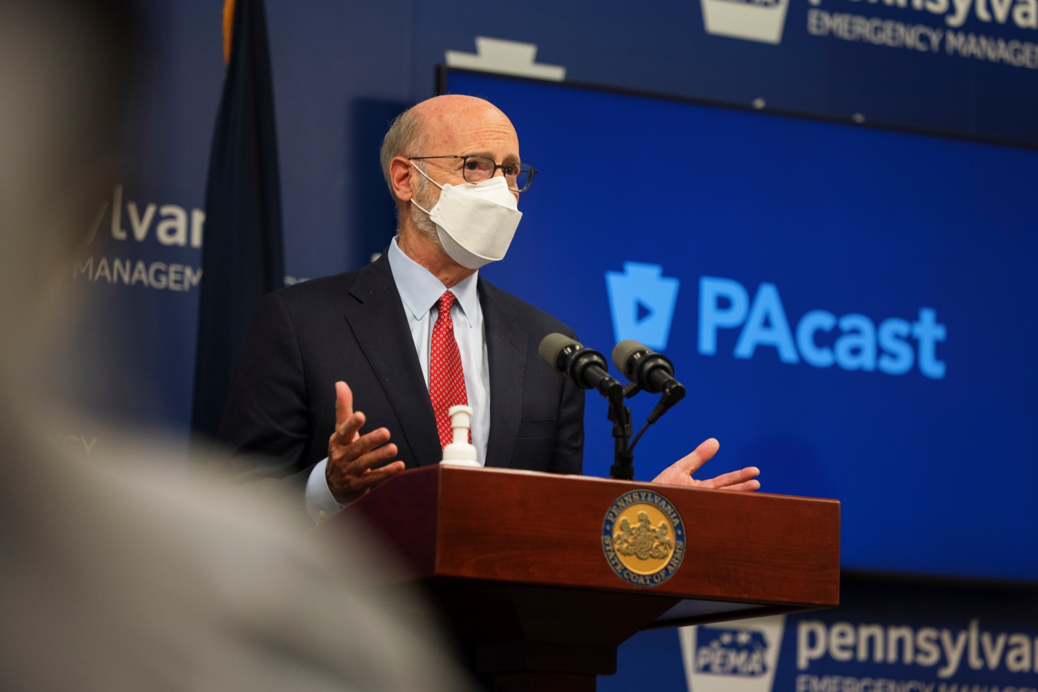 Governor Tom Wolf speaks during a press conference, which discussed the current state of COVID-19 and a new Secretary of Health order requiring masks to be worn inside K-12 school buildings, early learning programs and child care providers, inside Pennsylvania Emergency Management Agency in Harrisburg on Tuesday, August 31, 2021.<br><a href="https://filesource.amperwave.net/commonwealthofpa/photo/19089_GOV_School_Masking_NK_003.jpg" target="_blank">⇣ Download Photo</a>