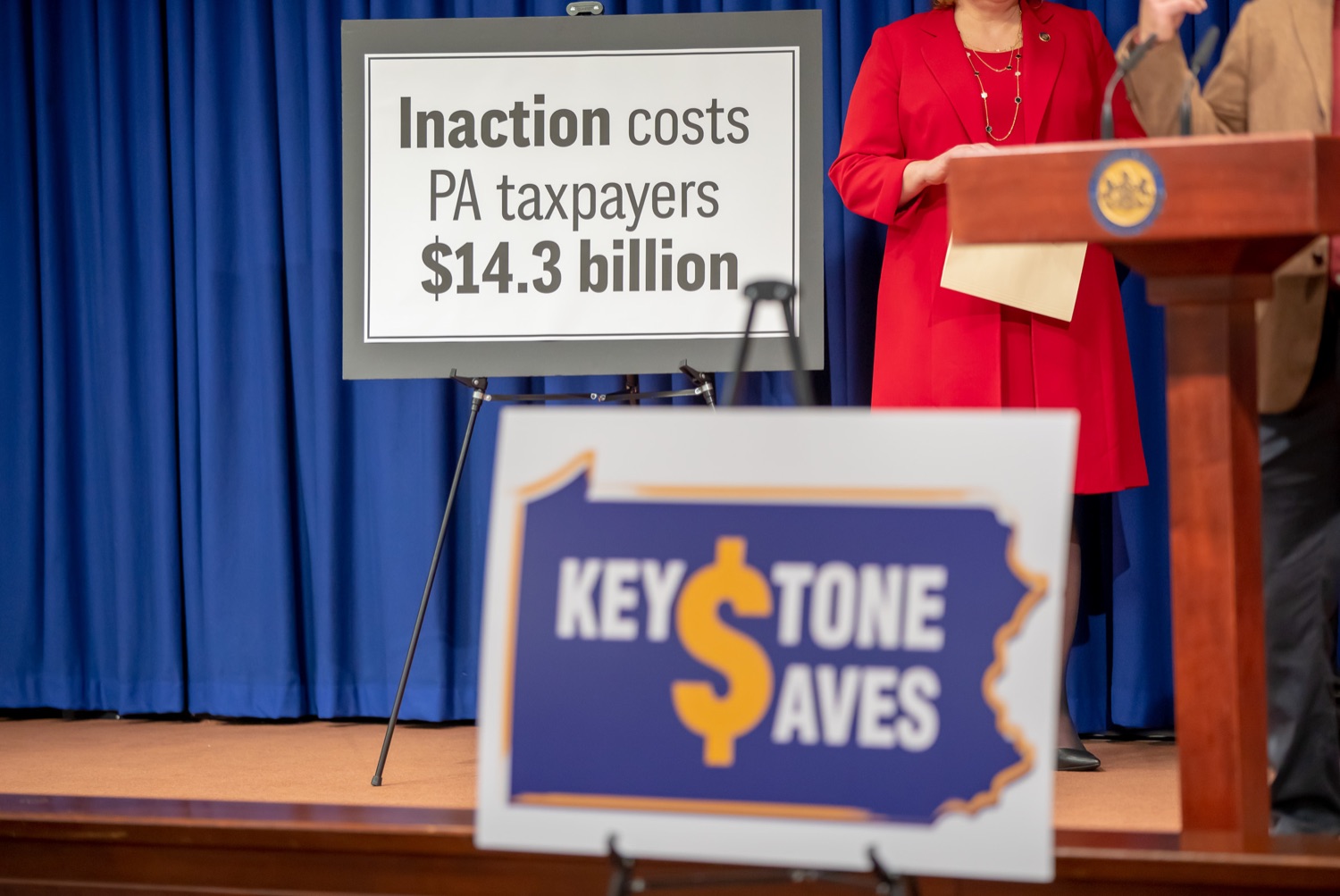 Treasurer Stacy Garrity, Rep. Tracy Pennycuick and Rep. Michael Driscoll announced the upcoming introduction of a bill to create Keystone Saves, a retirement savings program for hardworking Pennsylvanians who do not have access to retirement savings through their employer.  They were joined at the announcement by supporters in the General Assembly and representatives of AARP, the United Way of Pennsylvania, the Pennsylvania Health Care Association, and the Pennsylvania Association of Sustainable Agriculture. Other supporters of Keystone Saves include The Pew Charitable Trusts and the Pennsylvania Institute of CPAs. Harrisburg, PA - December 12, 2021<br><a href="https://filesource.amperwave.net/commonwealthofpa/photo/20293_TREAS_KeystoneSaves_AG_13.jpg" target="_blank">⇣ Download Photo</a>