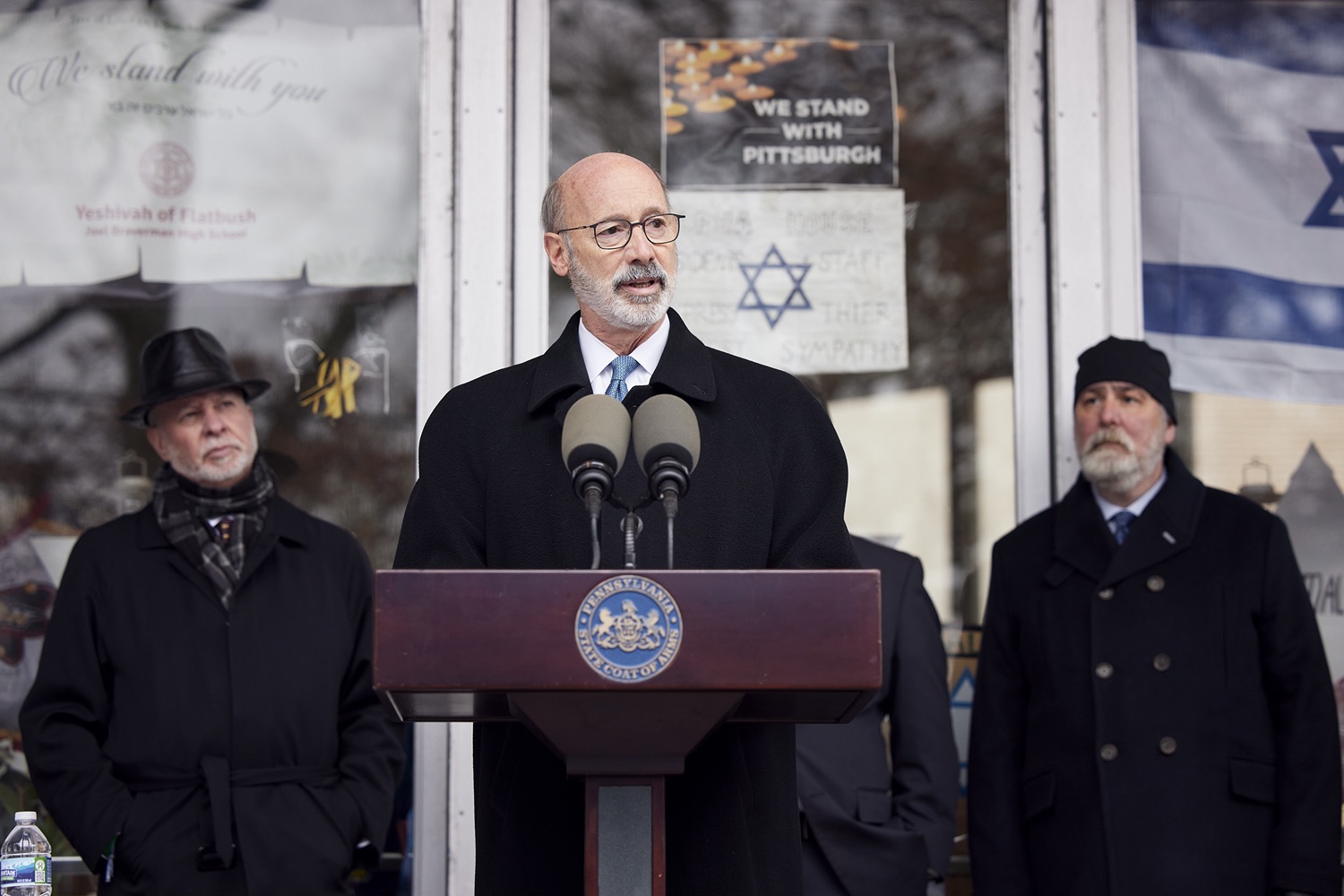 Pennsylvania Governor Tom Wolf speaking with the press.  Governor Tom Wolf visited the Tree of Life in Pittsburgh today to announce $6.6 million in state funding to support the rebuilding and reimagining of the synagogue. The governor was joined by Rabbi Jeffrey Myers, Senate Democratic Leader Jay Costa and members of the Tree of Lifes REMEMBER. REBUILD. RENEW campaign which will transform the site of the worst antisemitic attack in U.S. history into a new place of hope, remembrance, and education. Pittsburgh, PA - December 6, 2021<br><a href="https://filesource.amperwave.net/commonwealthofpa/photo/20308_gov_treeOfLife_dz_002_copy.jpg" target="_blank">⇣ Download Photo</a>