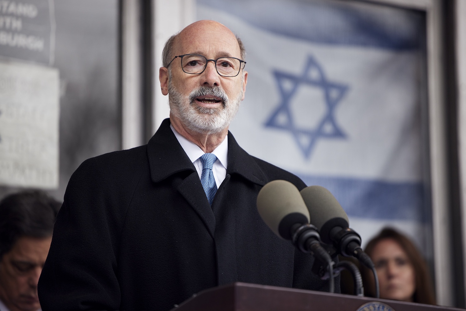 Pennsylvania Governor Tom Wolf speaking with the press.  Governor Tom Wolf visited the Tree of Life in Pittsburgh today to announce $6.6 million in state funding to support the rebuilding and reimagining of the synagogue. The governor was joined by Rabbi Jeffrey Myers, Senate Democratic Leader Jay Costa and members of the Tree of Lifes REMEMBER. REBUILD. RENEW campaign which will transform the site of the worst antisemitic attack in U.S. history into a new place of hope, remembrance, and education. Pittsburgh, PA - December 6, 2021<br><a href="https://filesource.amperwave.net/commonwealthofpa/photo/20308_gov_treeOfLife_dz_004_copy.jpg" target="_blank">⇣ Download Photo</a>