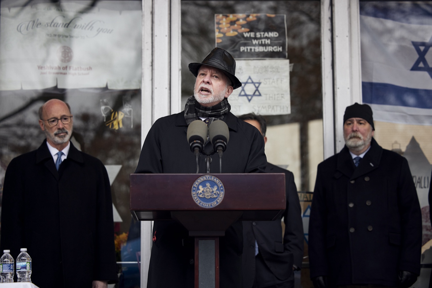 Rabbi Jeffrey Myers speaking with the press.  Governor Tom Wolf visited the Tree of Life in Pittsburgh today to announce $6.6 million in state funding to support the rebuilding and reimagining of the synagogue. The governor was joined by Rabbi Jeffrey Myers, Senate Democratic Leader Jay Costa and members of the Tree of Lifes REMEMBER. REBUILD. RENEW campaign which will transform the site of the worst antisemitic attack in U.S. history into a new place of hope, remembrance, and education. Pittsburgh, PA - December 6, 2021<br><a href="https://filesource.amperwave.net/commonwealthofpa/photo/20308_gov_treeOfLife_dz_008_copy.jpg" target="_blank">⇣ Download Photo</a>