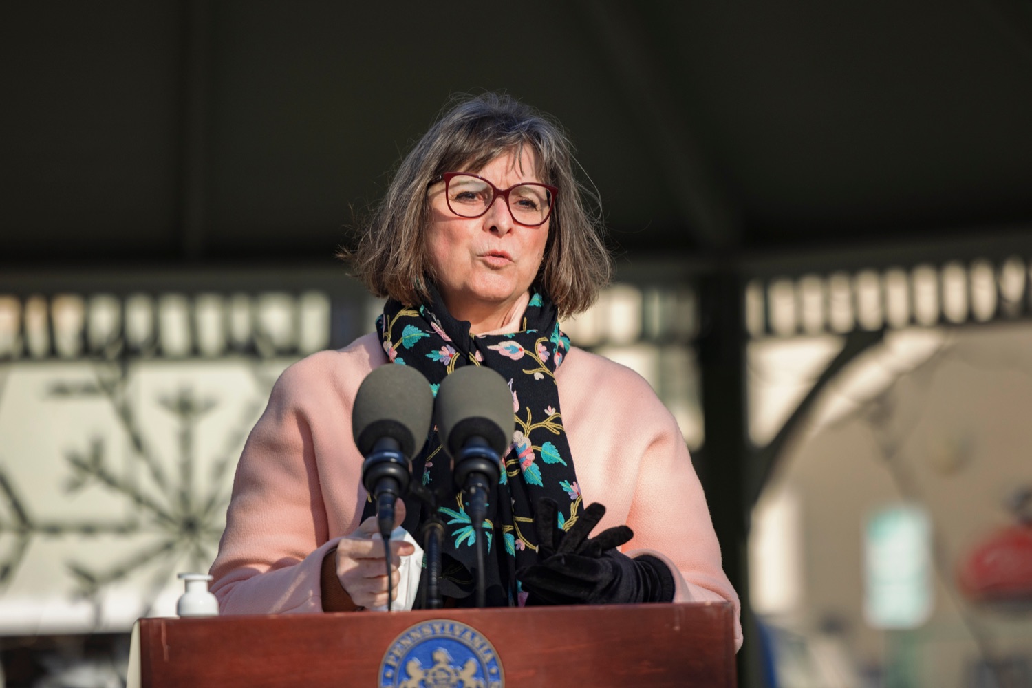 First Lady Frances Wolf speaks during an event observing the "Day of Racial Healing" in Pennsylvania at Jenkintown Town Square on Tuesday, January 18, 2022. By proclamation of Governor Tom Wolf, Pennsylvania joined communities across the United States in mobilizing events and activities that support bringing racial healing into homes, communities, and institutions. This is a call to action to work together and heal the wounds of racial bias and commit to building an equitable and just society so that all residents can thrive.<br><a href="https://filesource.amperwave.net/commonwealthofpa/photo/20315_OAR_RacialHealing_NK_003.JPG" target="_blank">⇣ Download Photo</a>