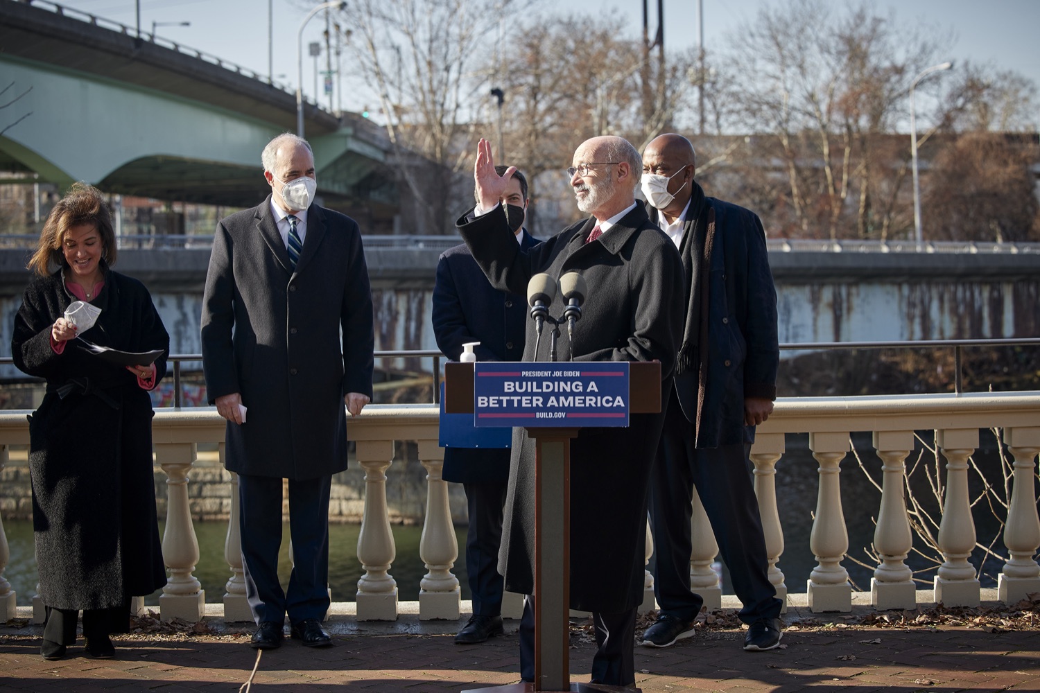 Pennsylvania Governor Tom Wolf speaks with the press.  Governor Tom Wolf stood alongside U.S. Transportation Secretary Pete Buttigieg to launch the largest bridge formula program in American history, made possible by the passage of the Bipartisan Infrastructure Law. Pennsylvania is set to receive $1.6 billion to fix more than 3,000 bridges across the commonwealth.  Philadelphia, PA  January 14, 2021<br><a href="https://filesource.amperwave.net/commonwealthofpa/photo/20426_gov_bridgeAnnoucement_dz_001_copy.jpg" target="_blank">⇣ Download Photo</a>