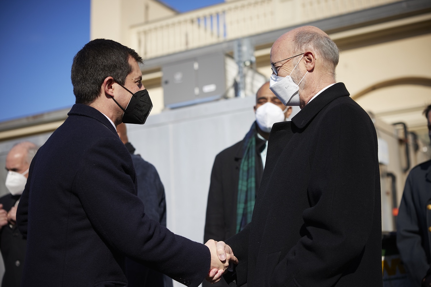 Pennsylvania Governor Tom Wolf greeting Pete Buttigieg, U.S. Secretary of Transportation.  Governor Tom Wolf stood alongside U.S. Transportation Secretary Pete Buttigieg to launch the largest bridge formula program in American history, made possible by the passage of the Bipartisan Infrastructure Law. Pennsylvania is set to receive $1.6 billion to fix more than 3,000 bridges across the commonwealth.  Philadelphia, PA  January 14, 2021<br><a href="https://filesource.amperwave.net/commonwealthofpa/photo/20426_gov_bridgeAnnoucement_dz_007_copy.jpg" target="_blank">⇣ Download Photo</a>