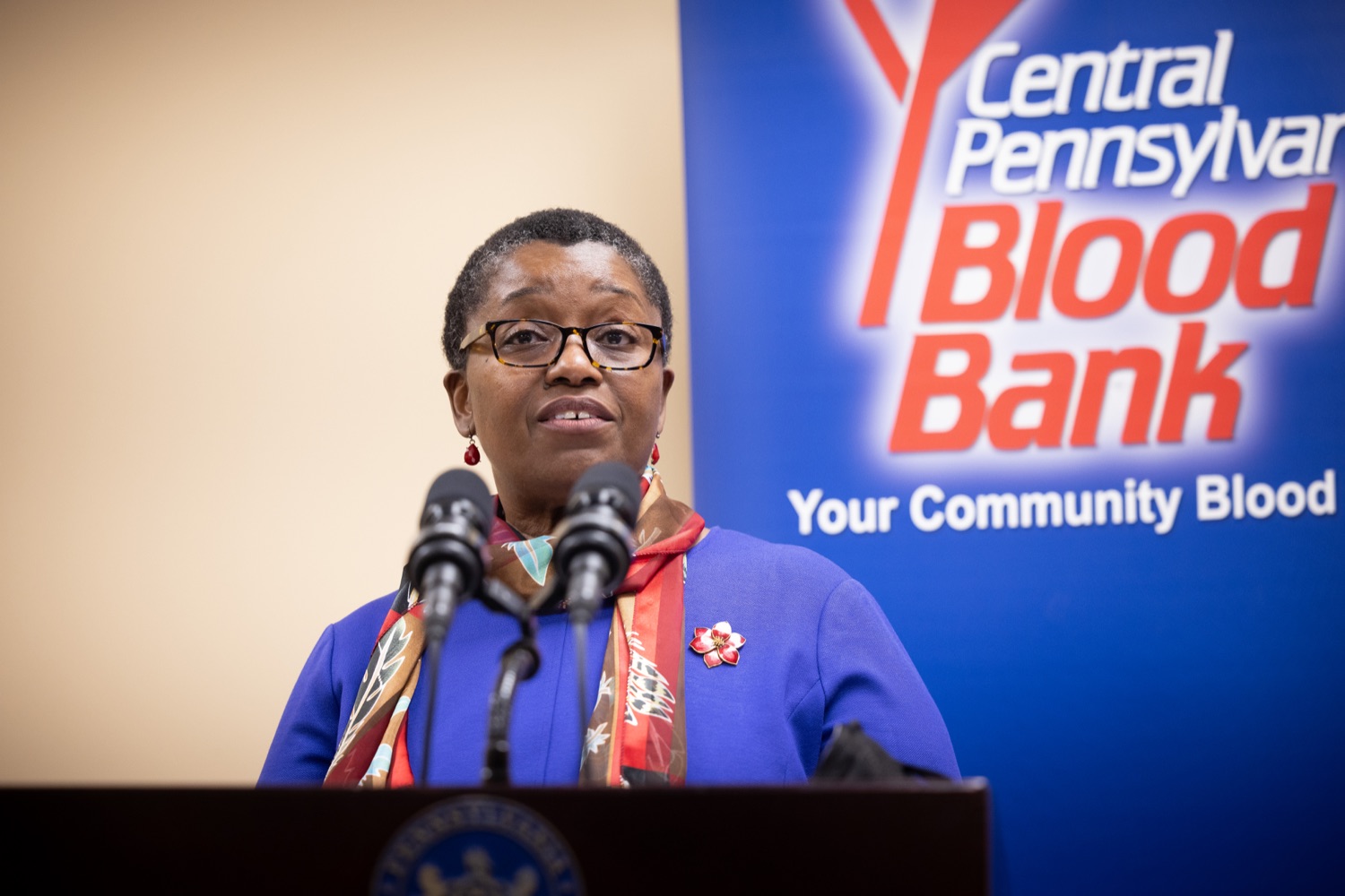 Physician General Dr. Denise A. Johnson speaks with the press.  Pennsylvania Physician General Dr. Denise Johnson and Patrick Bradley, President and CEO of the Central Pennsylvania Blood Bank, expressed their growing concern over the dramatically decreasing number of volunteers who regularly donate blood, during a news conference highlighting the critical need for blood donation across the commonwealth.  February 03, 2022 - Hummelstown, Pa<br><a href="https://filesource.amperwave.net/commonwealthofpa/photo/20488_doh_bloodShortage_dz_005.jpg" target="_blank">⇣ Download Photo</a>