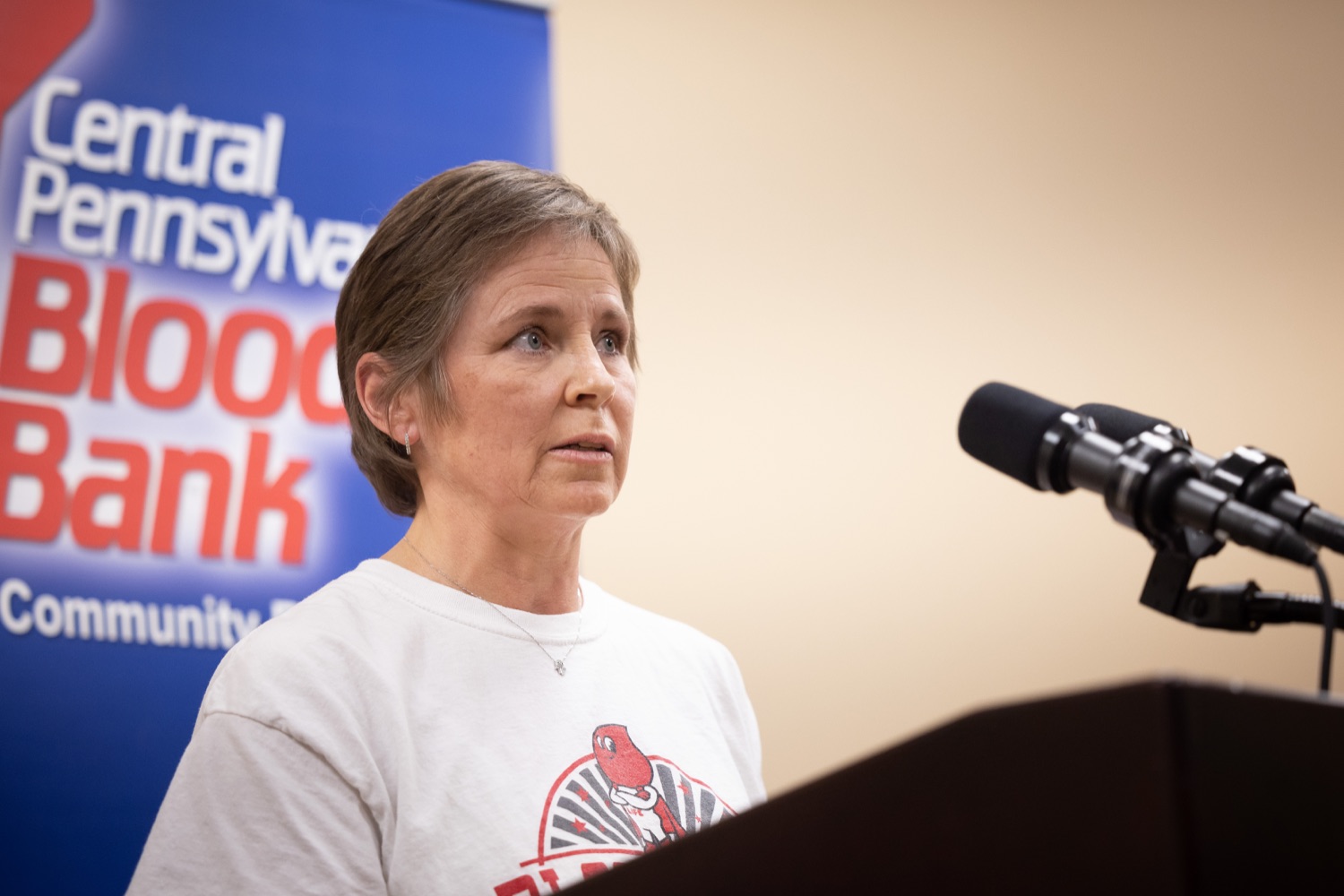 Jeannie Goldstein advocate for the Central Pennsylvania Blood Bank speaks with the press. Pennsylvania Physician General Dr. Denise Johnson and Patrick Bradley, President and CEO of the Central Pennsylvania Blood Bank, expressed their growing concern over the dramatically decreasing number of volunteers who regularly donate blood, during a news conference highlighting the critical need for blood donation across the commonwealth.  February 03, 2022 - Hummelstown, Pa<br><a href="https://filesource.amperwave.net/commonwealthofpa/photo/20488_doh_bloodShortage_dz_011.jpg" target="_blank">⇣ Download Photo</a>