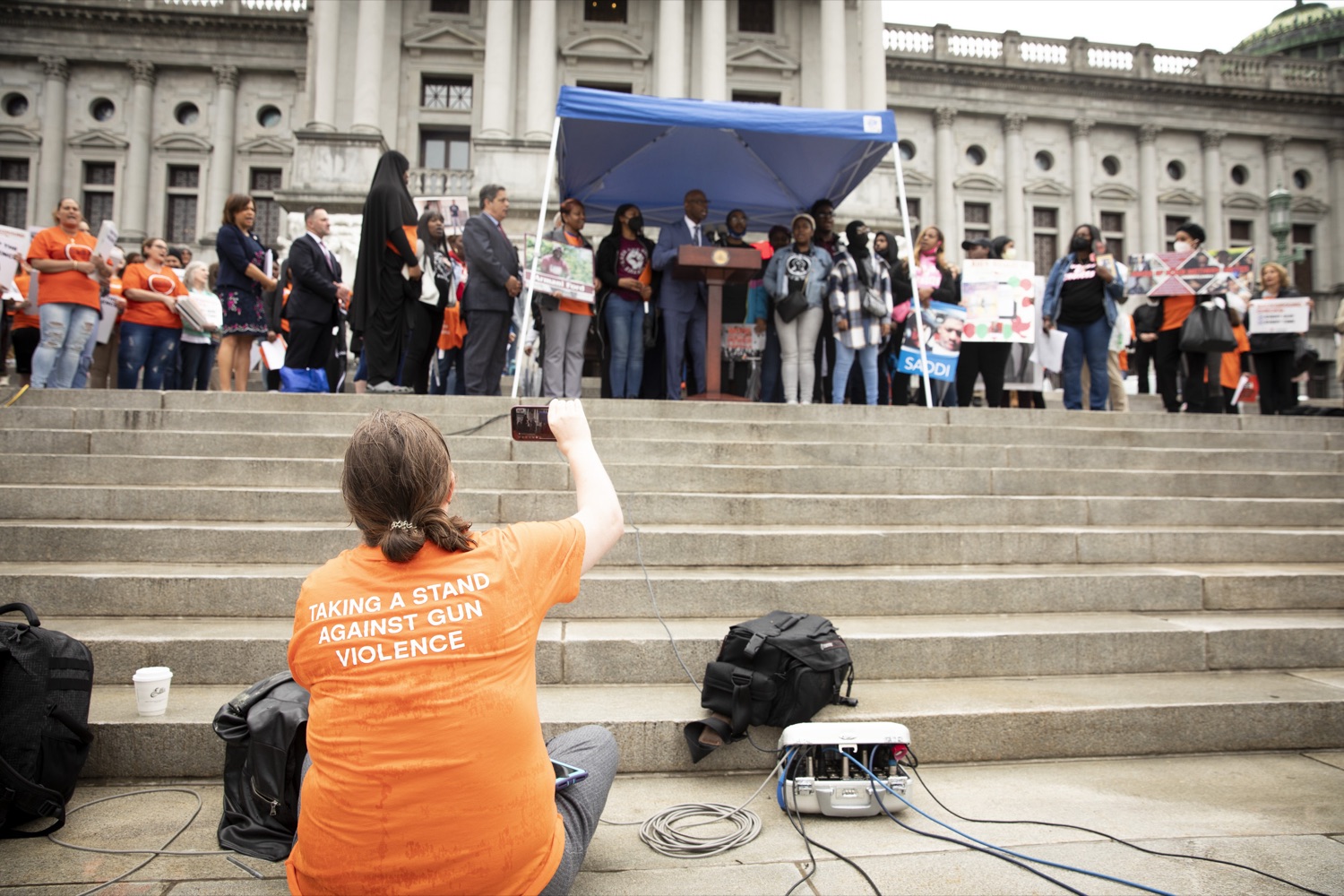 Governor Tom Wolf, joined by CeaseFirePA and more than 200 Pennsylvanians at the Capitol, calls for legislative action to save lives against gun violence, in Harrisburg, PA on April 26, 2022.<br><a href="https://filesource.amperwave.net/commonwealthofpa/photo/20782_gov_ceaseFirePA_08.JPG" target="_blank">⇣ Download Photo</a>