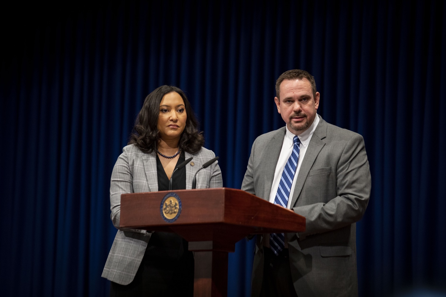 Deputy Secretary for Elections and Commissions Jonathan Marks and Acting Secretary of State Leigh M. Chapman answer questions from the media about the statewide recount of the U.S. Senate race, in Harrisburg, PA on May 25, 2022.<br><a href="https://filesource.amperwave.net/commonwealthofpa/photo/20885_dos_recount_07.jpg" target="_blank">⇣ Download Photo</a>