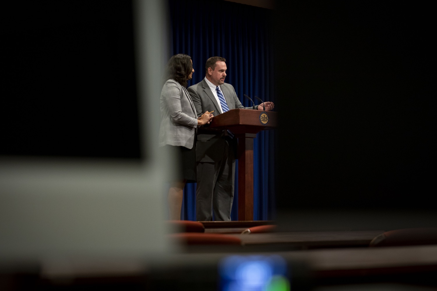 Deputy Secretary for Elections and Commissions Jonathan Marks and Acting Secretary of State Leigh M. Chapman answer questions from the media about the statewide recount of the U.S. Senate race, in Harrisburg, PA on May 25, 2022.<br><a href="https://filesource.amperwave.net/commonwealthofpa/photo/20885_dos_recount_08.jpg" target="_blank">⇣ Download Photo</a>