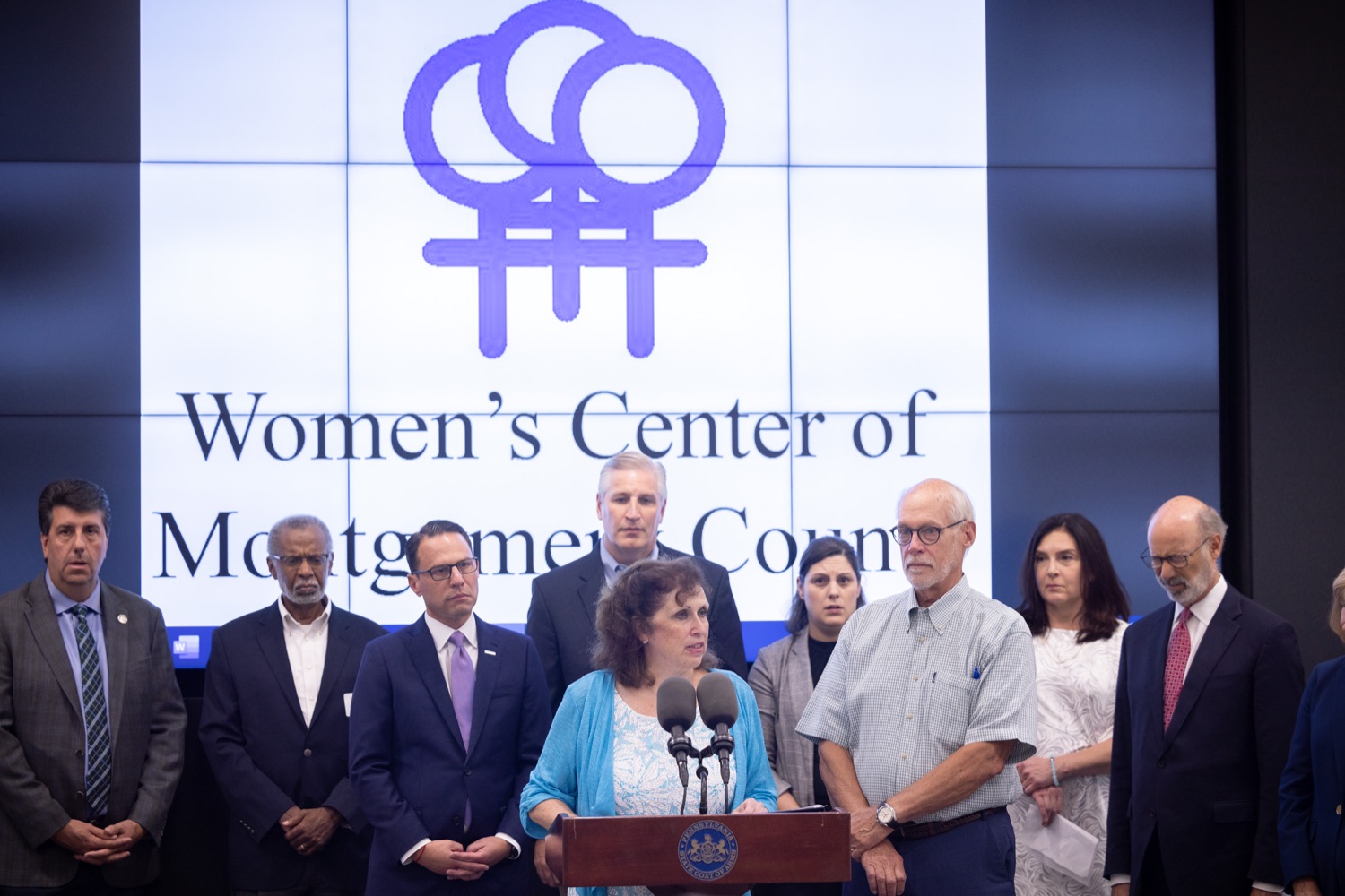   Maria Macaluso, Executive Director, Womens Center of Montgomery County speaks to the press.  Governor Tom Wolf discussed the devastating effects of abortion bans for victims of domestic violence and the recently signed executive order allowing out-of-state residents to seek reproductive health care services in Pennsylvania without fear of prosecution.  JULY 29, 2022 - COLMAR, PA<br><a href="https://filesource.amperwave.net/commonwealthofpa/photo/22054_gov_choice_dz_015.JPG" target="_blank">⇣ Download Photo</a>