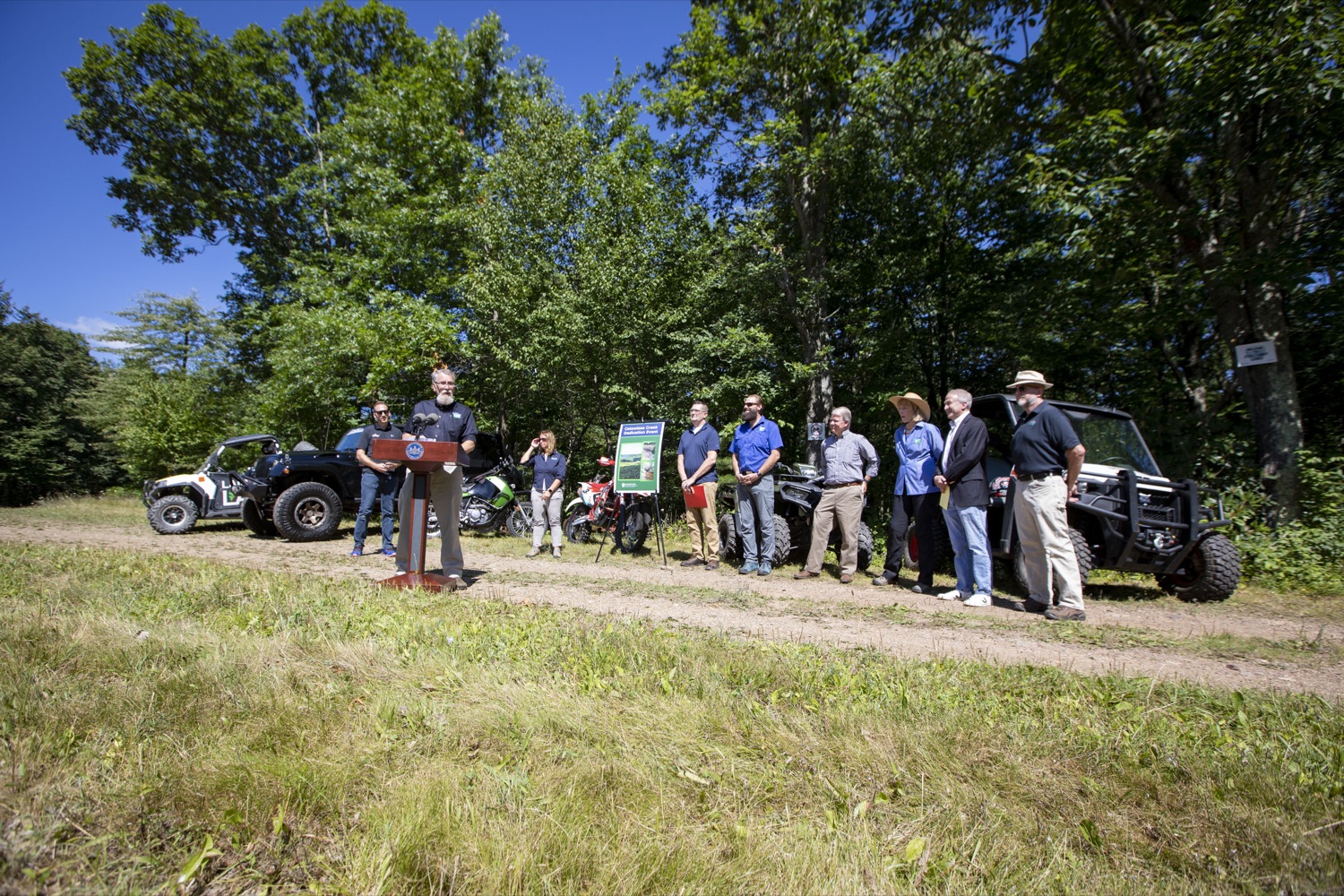 DCNR Deputy Secretary John Norbeck discusses the acquisition of a 5,600-acre tract of land that will be developed into a new motorized recreation area, in McAdoo, PA on August 12, 2022.<br><a href="https://filesource.amperwave.net/commonwealthofpa/photo/22090_dcnr_RecreationArea_11.jpg" target="_blank">⇣ Download Photo</a>