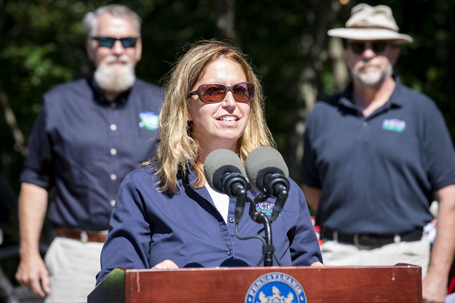 State Forester Ellen Shultzabarger discusses the acquisition of a 5,600-acre tract of land that will be developed into a new motorized recreation area, in McAdoo, PA on August 12, 2022.<br><a href="https://filesource.amperwave.net/commonwealthofpa/photo/22090_dcnr_RecreationArea_13.jpg" target="_blank">⇣ Download Photo</a>