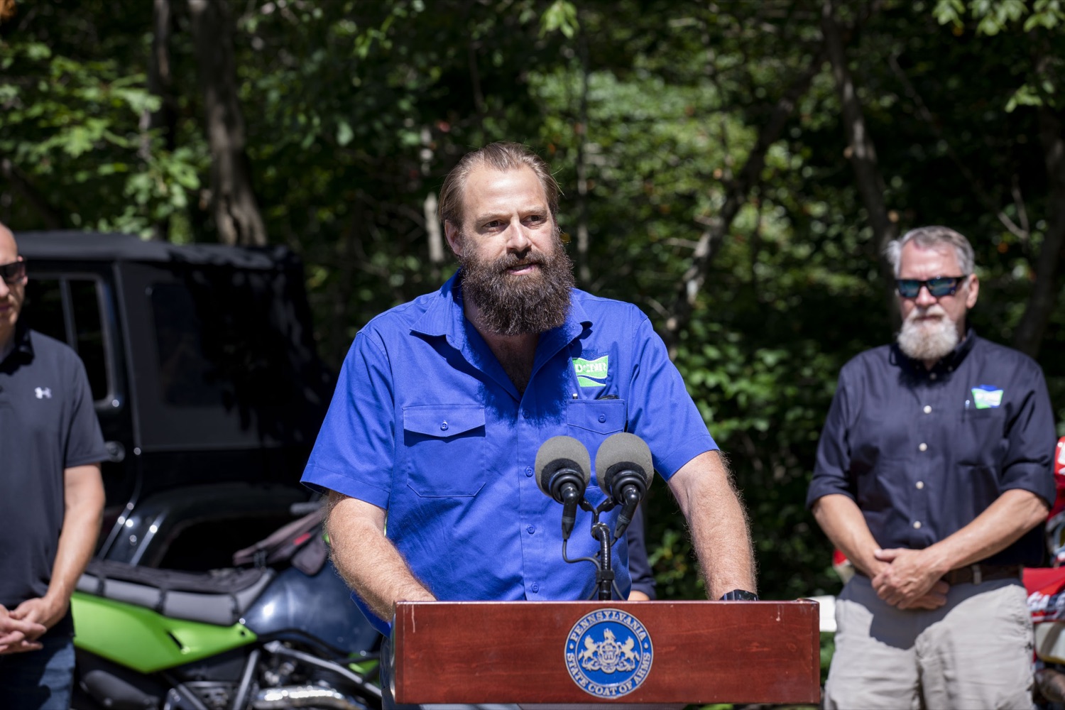 Pennsylvania Director of Outdoor Recreation Nathan Reigner discusses the acquisition of a 5,600-acre tract of land that will be developed into a new motorized recreation area, in McAdoo, PA on August 12, 2022.<br><a href="https://filesource.amperwave.net/commonwealthofpa/photo/22090_dcnr_RecreationArea_19.jpg" target="_blank">⇣ Download Photo</a>