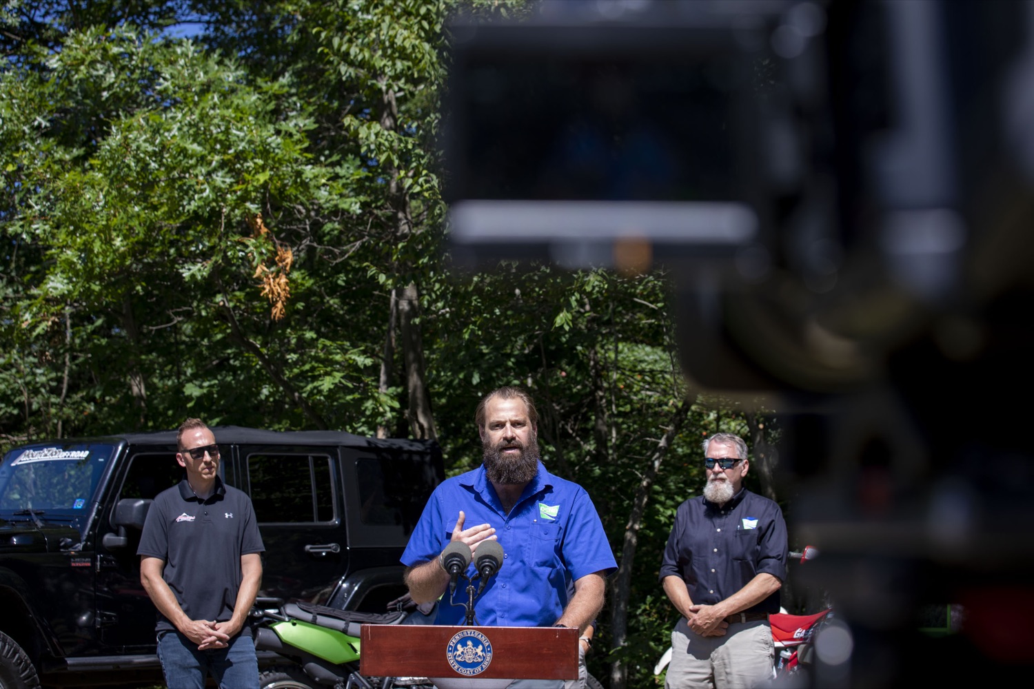 Pennsylvania Director of Outdoor Recreation Nathan Reigner discusses the acquisition of a 5,600-acre tract of land that will be developed into a new motorized recreation area, in McAdoo, PA on August 12, 2022.<br><a href="https://filesource.amperwave.net/commonwealthofpa/photo/22090_dcnr_RecreationArea_20.jpg" target="_blank">⇣ Download Photo</a>