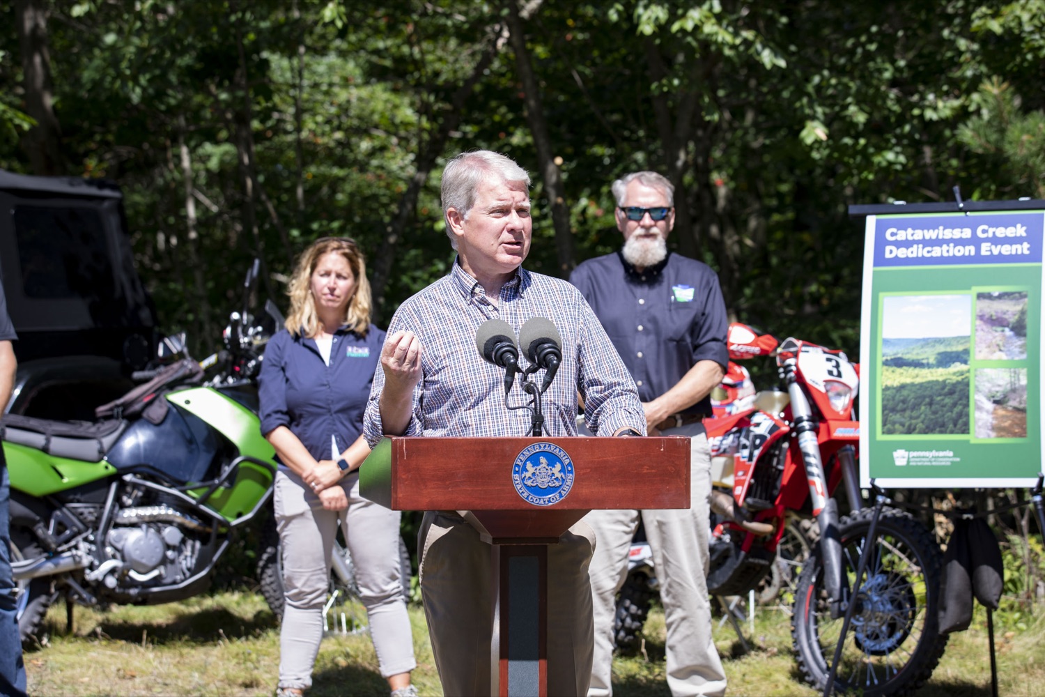 Senator David Argall discusses the acquisition of a 5,600-acre tract of land that will be developed into a new motorized recreation area, in McAdoo, PA on August 12, 2022.<br><a href="https://filesource.amperwave.net/commonwealthofpa/photo/22090_dcnr_RecreationArea_26.jpg" target="_blank">⇣ Download Photo</a>