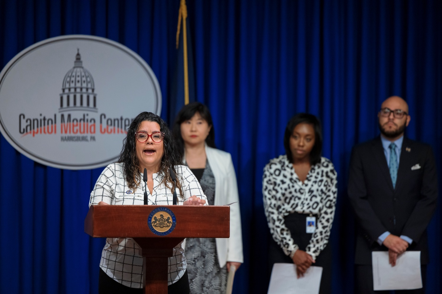 Luz Colon, executive director of the Commission on Latino Affairs, speaks during a press conference, which highlighted the Wolf Administrations efforts to expand voter access, inside the Capitol Media Center on Tuesday, September 13, 2022. The press conference reminded Pennsylvanians Oct 24. is the deadline to register to vote in the November election. Whether a voter is requesting a no-excuse mail-in ballot from the comfort of their home or showing up to the polls on Election Day and proudly wearing an I voted sticker, voting is a constitutional right and a way for people to make their voice heard, Acting Secretary of State Leigh M. Chapman said. I am honored to be part of an administration that continues to work hard so everyone has equal access to the ballot box. .<br><a href="https://filesource.amperwave.net/commonwealthofpa/photo/22138_CFW_VotingPA_NK_007.JPG" target="_blank">⇣ Download Photo</a>