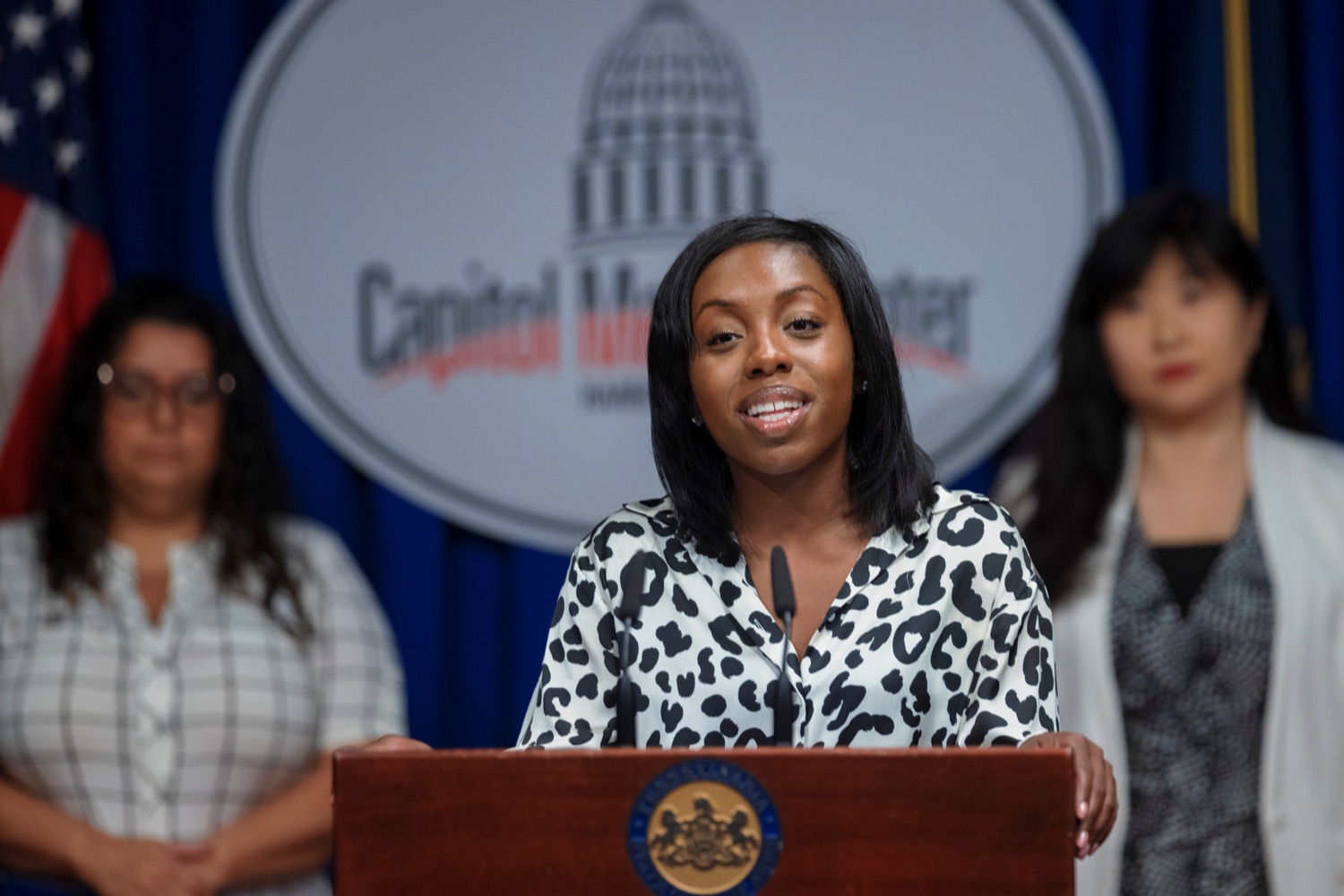 LaDeshia Maxwell, executive director of the Commission on African American Affairs, speaks during a press conference, which highlighted the Wolf Administrations efforts to expand voter access, inside the Capitol Media Center on Tuesday, September 13, 2022. The press conference reminded Pennsylvanians Oct 24. is the deadline to register to vote in the November election. Whether a voter is requesting a no-excuse mail-in ballot from the comfort of their home or showing up to the polls on Election Day and proudly wearing an I voted sticker, voting is a constitutional right and a way for people to make their voice heard, Acting Secretary of State Leigh M. Chapman said. I am honored to be part of an administration that continues to work hard so everyone has equal access to the ballot box. .<br><a href="https://filesource.amperwave.net/commonwealthofpa/photo/22138_CFW_VotingPA_NK_008.JPG" target="_blank">⇣ Download Photo</a>