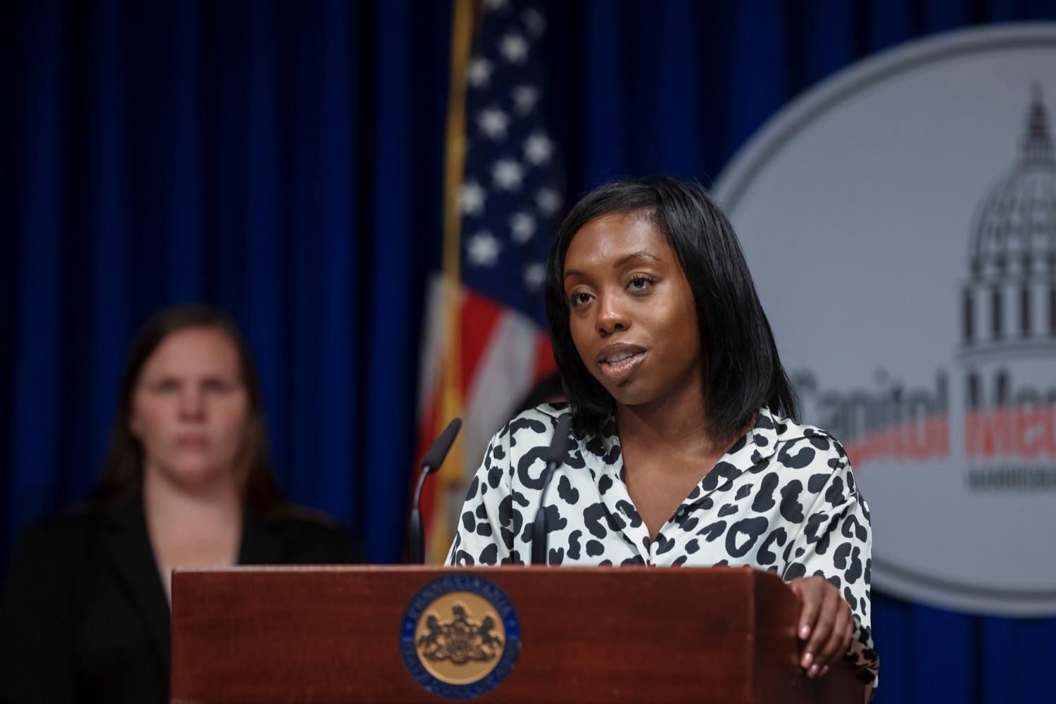 LaDeshia Maxwell, executive director of the Commission on African American Affairs, speaks during a press conference, which highlighted the Wolf Administrations efforts to expand voter access, inside the Capitol Media Center on Tuesday, September 13, 2022. The press conference reminded Pennsylvanians Oct 24. is the deadline to register to vote in the November election. Whether a voter is requesting a no-excuse mail-in ballot from the comfort of their home or showing up to the polls on Election Day and proudly wearing an I voted sticker, voting is a constitutional right and a way for people to make their voice heard, Acting Secretary of State Leigh M. Chapman said. I am honored to be part of an administration that continues to work hard so everyone has equal access to the ballot box. .<br><a href="https://filesource.amperwave.net/commonwealthofpa/photo/22138_CFW_VotingPA_NK_019.JPG" target="_blank">⇣ Download Photo</a>