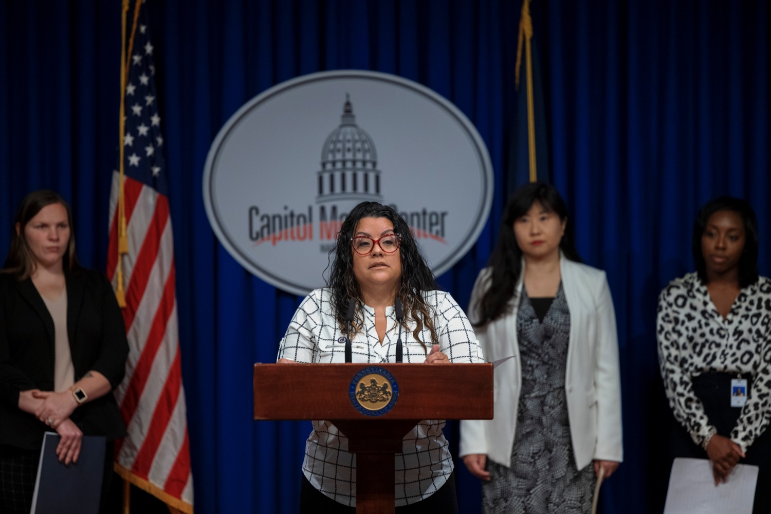 Luz Colon, executive director of the Commission on Latino Affairs, speaks during a press conference, which highlighted the Wolf Administrations efforts to expand voter access, inside the Capitol Media Center on Tuesday, September 13, 2022. The press conference reminded Pennsylvanians Oct 24. is the deadline to register to vote in the November election. Whether a voter is requesting a no-excuse mail-in ballot from the comfort of their home or showing up to the polls on Election Day and proudly wearing an I voted sticker, voting is a constitutional right and a way for people to make their voice heard, Acting Secretary of State Leigh M. Chapman said. I am honored to be part of an administration that continues to work hard so everyone has equal access to the ballot box. .<br><a href="https://filesource.amperwave.net/commonwealthofpa/photo/22138_CFW_VotingPA_NK_022.JPG" target="_blank">⇣ Download Photo</a>