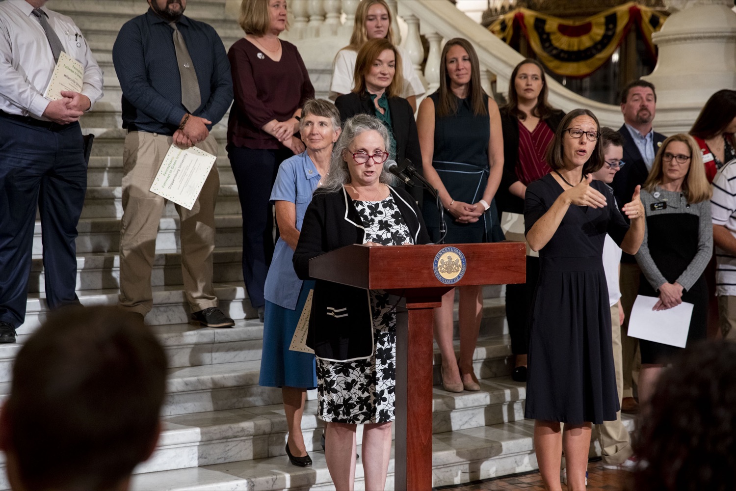 Tammie Peffer, Department of Education Environment and Ecology Content Advisor, applauds schools for helping students engage in environmental sustainability practices, in Harrisburg, PA on September 20, 2022.<br><a href="https://filesource.amperwave.net/commonwealthofpa/photo/22151_dcnr_pathways_cz_08.jpg" target="_blank">⇣ Download Photo</a>