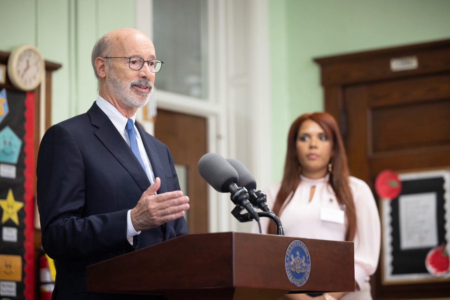 Pennsylvania Governor Tom Wolf speaks with the press.   Governor Tom Wolf joined childhood advocates and state lawmakers to highlight his accomplishments in increased funding for early childhood education during a visit to the Volunteers of America Children's Center in Allentown. In this year's budget alone, the Wolf Administration has secured a $79 million increase in early childhood education, providing more children and families in Pennsylvania with access to high-quality early learning programs through Pennsylvania Pre-K Counts and the Head Start Supplemental Assistance Program (HSSAP).  SEPTEMBER 09, 2022 - ALLENTOWN, PA<br><a href="https://filesource.amperwave.net/commonwealthofpa/photo/22174_gov_preKfunding_dz_004.JPG" target="_blank">⇣ Download Photo</a>