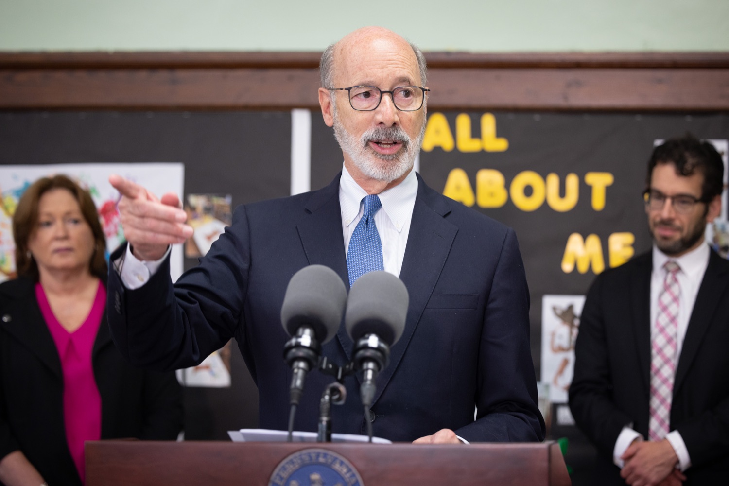 Pennsylvania Governor Tom Wolf speaks with the press.   Governor Tom Wolf joined childhood advocates and state lawmakers to highlight his accomplishments in increased funding for early childhood education during a visit to the Volunteers of America Children's Center in Allentown. In this year's budget alone, the Wolf Administration has secured a $79 million increase in early childhood education, providing more children and families in Pennsylvania with access to high-quality early learning programs through Pennsylvania Pre-K Counts and the Head Start Supplemental Assistance Program (HSSAP).  SEPTEMBER 09, 2022 - ALLENTOWN, PA<br><a href="https://filesource.amperwave.net/commonwealthofpa/photo/22174_gov_preKfunding_dz_006.JPG" target="_blank">⇣ Download Photo</a>