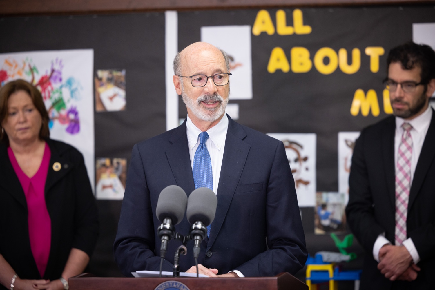 Pennsylvania Governor Tom Wolf speaks with the press.   Governor Tom Wolf joined childhood advocates and state lawmakers to highlight his accomplishments in increased funding for early childhood education during a visit to the Volunteers of America Children's Center in Allentown. In this year's budget alone, the Wolf Administration has secured a $79 million increase in early childhood education, providing more children and families in Pennsylvania with access to high-quality early learning programs through Pennsylvania Pre-K Counts and the Head Start Supplemental Assistance Program (HSSAP).  SEPTEMBER 09, 2022 - ALLENTOWN, PA<br><a href="https://filesource.amperwave.net/commonwealthofpa/photo/22174_gov_preKfunding_dz_019.JPG" target="_blank">⇣ Download Photo</a>