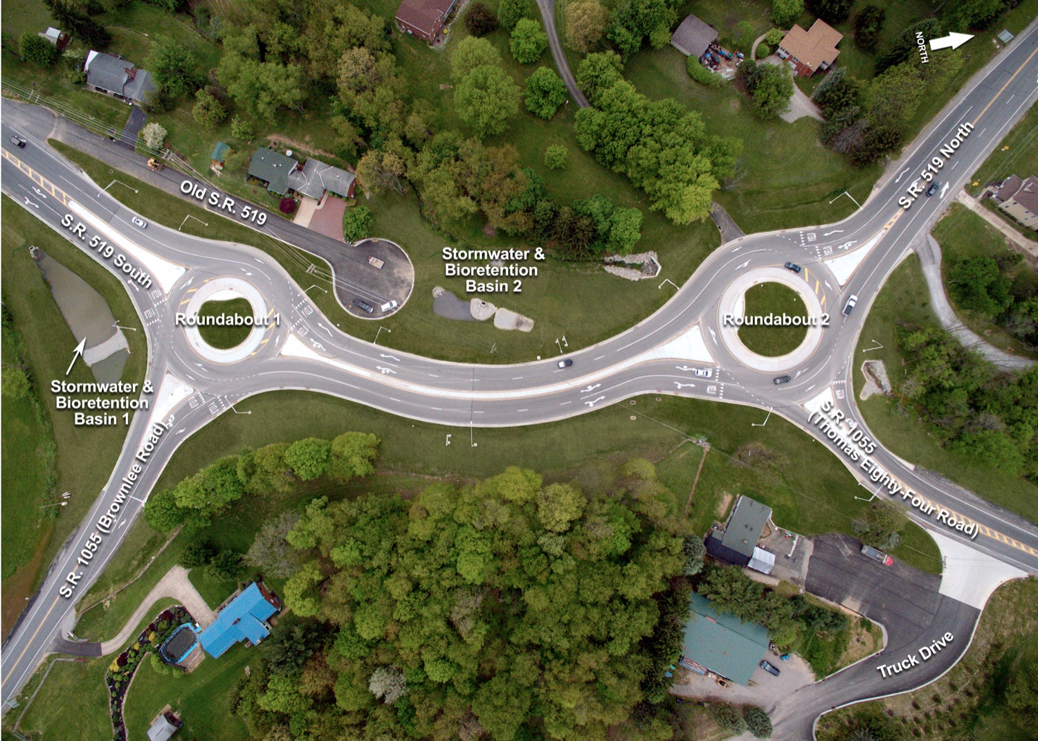 Route 519 (two connected roundabouts) - Route 519 and Brownlee Road, and Route 519 and Thompson Eighty Four Road<br><a href="https://filesource.amperwave.net/commonwealthofpa/photo/22209_dot_roundabout_photo_17.jpg" target="_blank">⇣ Download Photo</a>