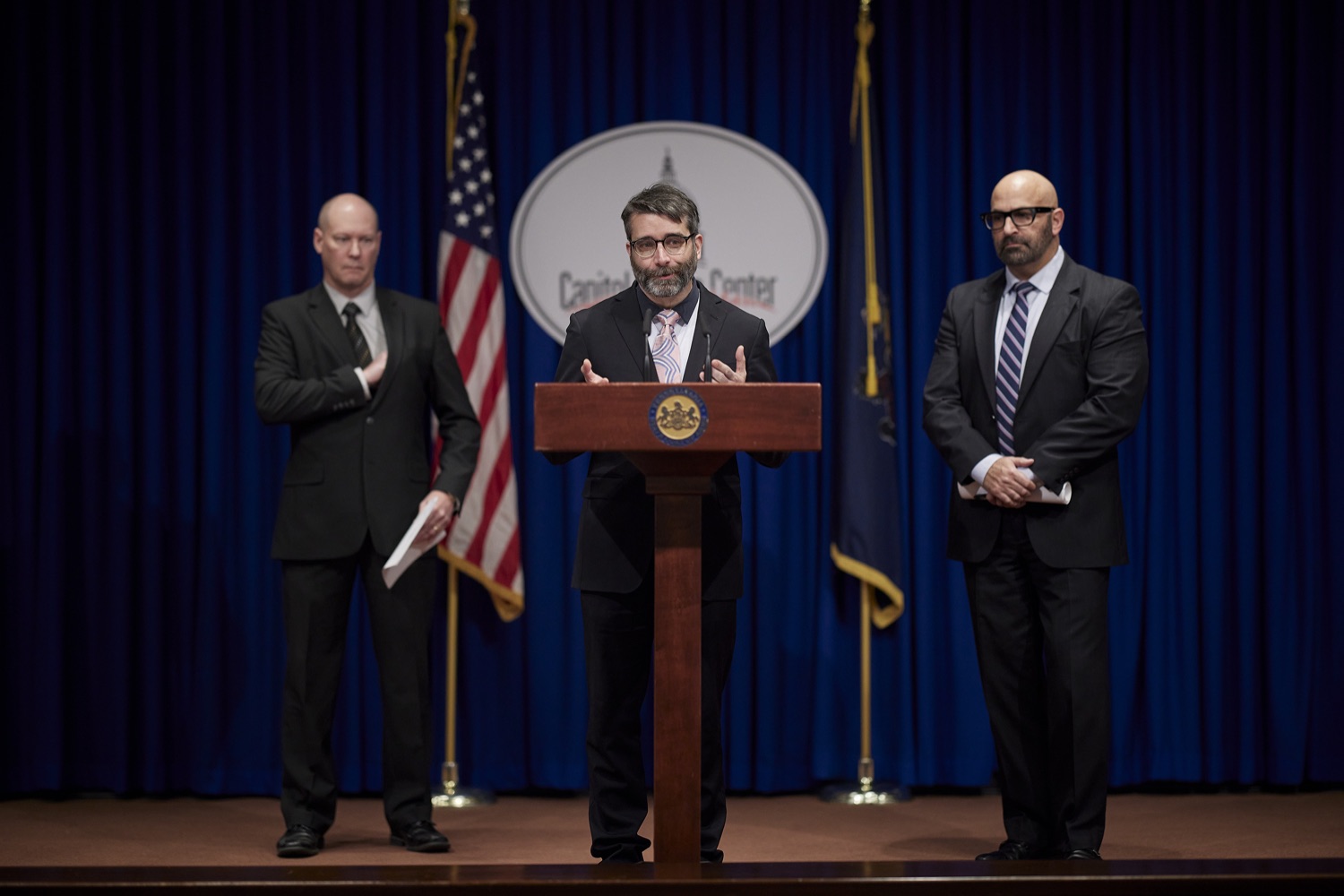 DEP Environmental Justice Director Justin Dula speaks with the press.   Pennsylvania Department of Environmental Protection (DEP) Acting Secretary Ramez Ziadeh will announce a $12.7 million Driving PA Forward initiative to improve air quality by funding local freight truck electrification. Harrisburg, PA  November 30, 2022<br><a href="https://filesource.amperwave.net/commonwealthofpa/photo/22363_dep_truckfleets_dz_013.JPG" target="_blank">⇣ Download Photo</a>