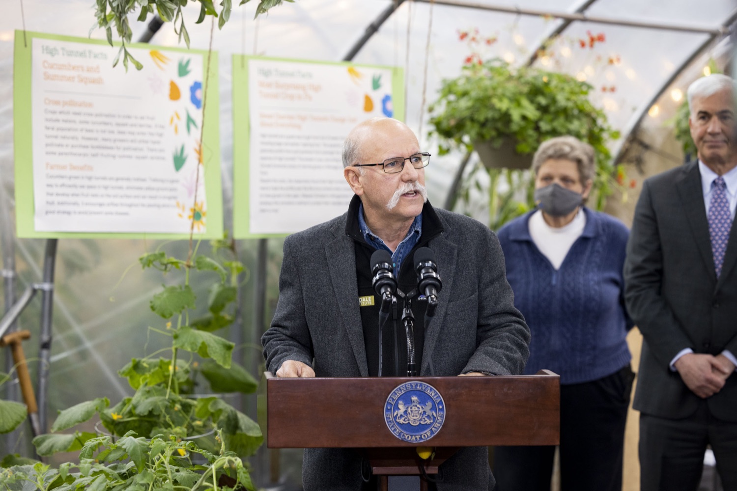Jeff Moyer, CEO of Rodale Institute, celebrates the Wolf Administrations targeted investments to grow market opportunities for Pennsylvania farmers, including the PA Farm Bill funded PA Preferred® Organic Initiative, in Harrisburg, PA on January 13, 2023.<br><a href="https://filesource.amperwave.net/commonwealthofpa/photo/22478_ag_organic_capstone_19.jpg" target="_blank">⇣ Download Photo</a>