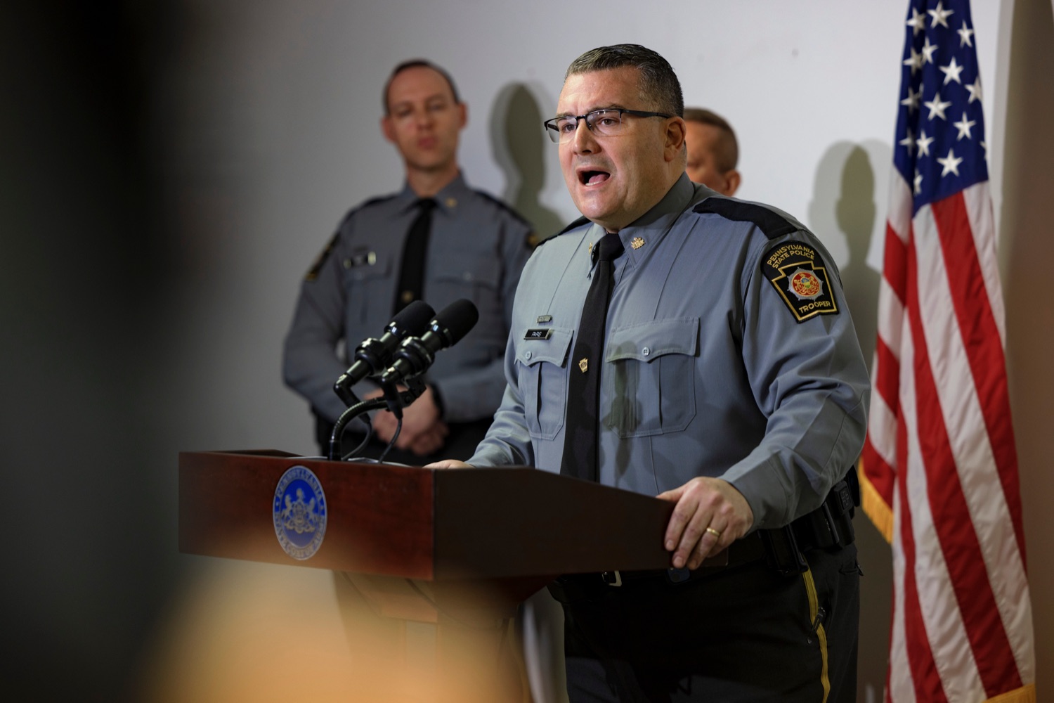 Major Christopher Paris, Area III Commander of State Police, speaks during a press conference to discuss the apprehension of Bryan C. Kohberger inside Monroe County District Attorney Office in Stroudsburg on Tuesday, January 3, 2023. Kohberger was taken into custody early Friday by members of Troop N and the Special Emergency Response Team at a home in Chestnuthill Township, in Monroe County, in connection to the homicides of four University of Idaho students on November 13.<br><a href="https://filesource.amperwave.net/commonwealthofpa/photo/22481_PSP_Kohberger_NK_002.JPG" target="_blank">⇣ Download Photo</a>