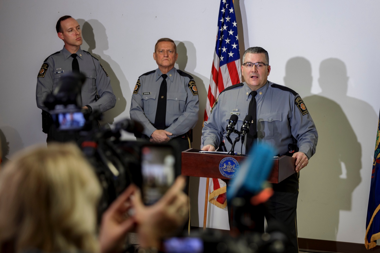Major Christopher Paris, Area III Commander of State Police, speaks during a press conference to discuss the apprehension of Bryan C. Kohberger inside Monroe County District Attorney Office in Stroudsburg on Tuesday, January 3, 2023. Kohberger was taken into custody early Friday by members of Troop N and the Special Emergency Response Team at a home in Chestnuthill Township, in Monroe County, in connection to the homicides of four University of Idaho students on November 13.<br><a href="https://filesource.amperwave.net/commonwealthofpa/photo/22481_PSP_Kohberger_NK_005.JPG" target="_blank">⇣ Download Photo</a>