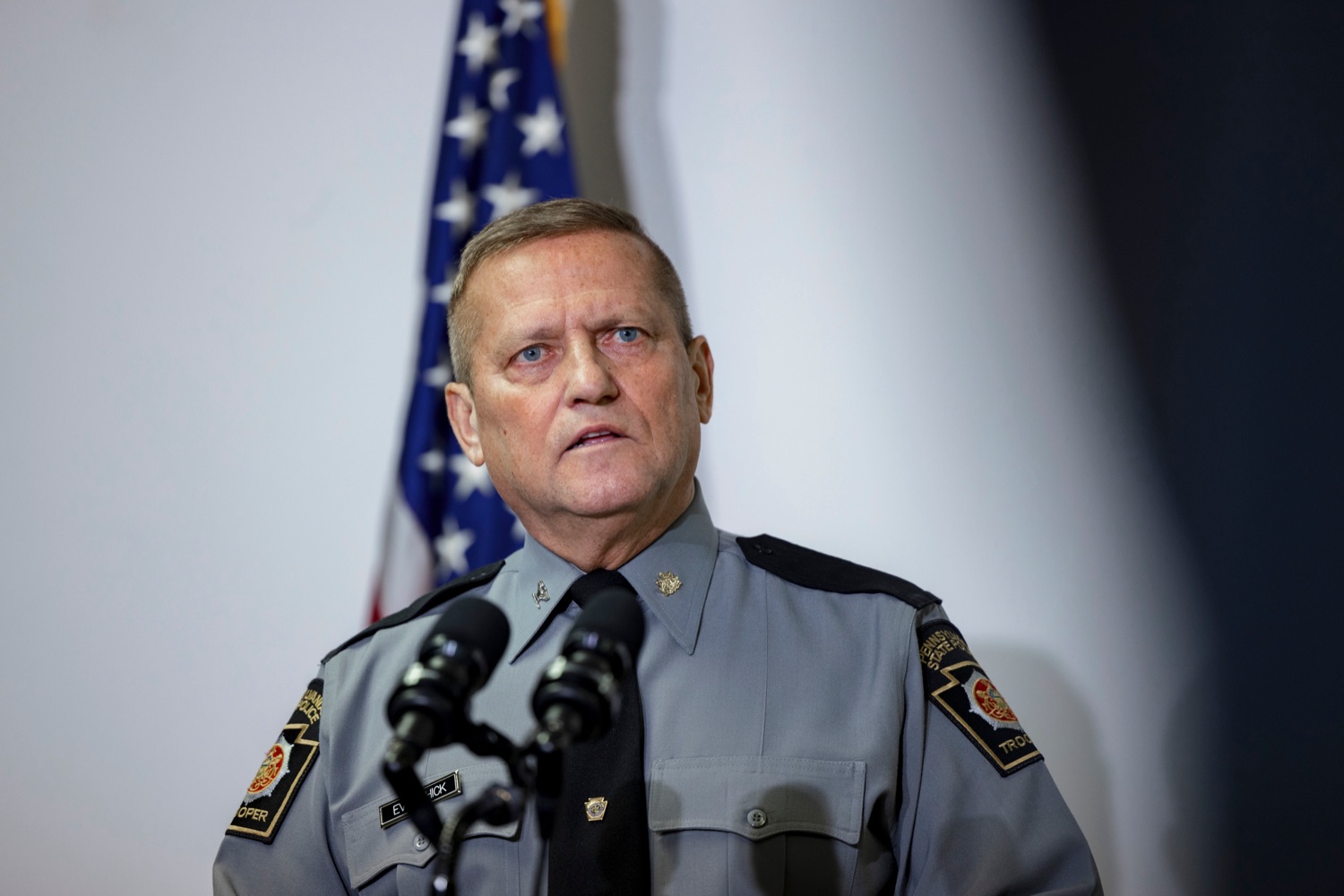 Colonel Robert Evanchick, Commissioner of the Pennsylvania State Police, speaks during a press conference to discuss the apprehension of Bryan C. Kohberger inside Monroe County District Attorney Office in Stroudsburg on Tuesday, January 3, 2023. Kohberger was taken into custody early Friday by members of Troop N and the Special Emergency Response Team at a home in Chestnuthill Township, in Monroe County, in connection to the homicides of four University of Idaho students on November 13.<br><a href="https://filesource.amperwave.net/commonwealthofpa/photo/22481_PSP_Kohberger_NK_014.JPG" target="_blank">⇣ Download Photo</a>