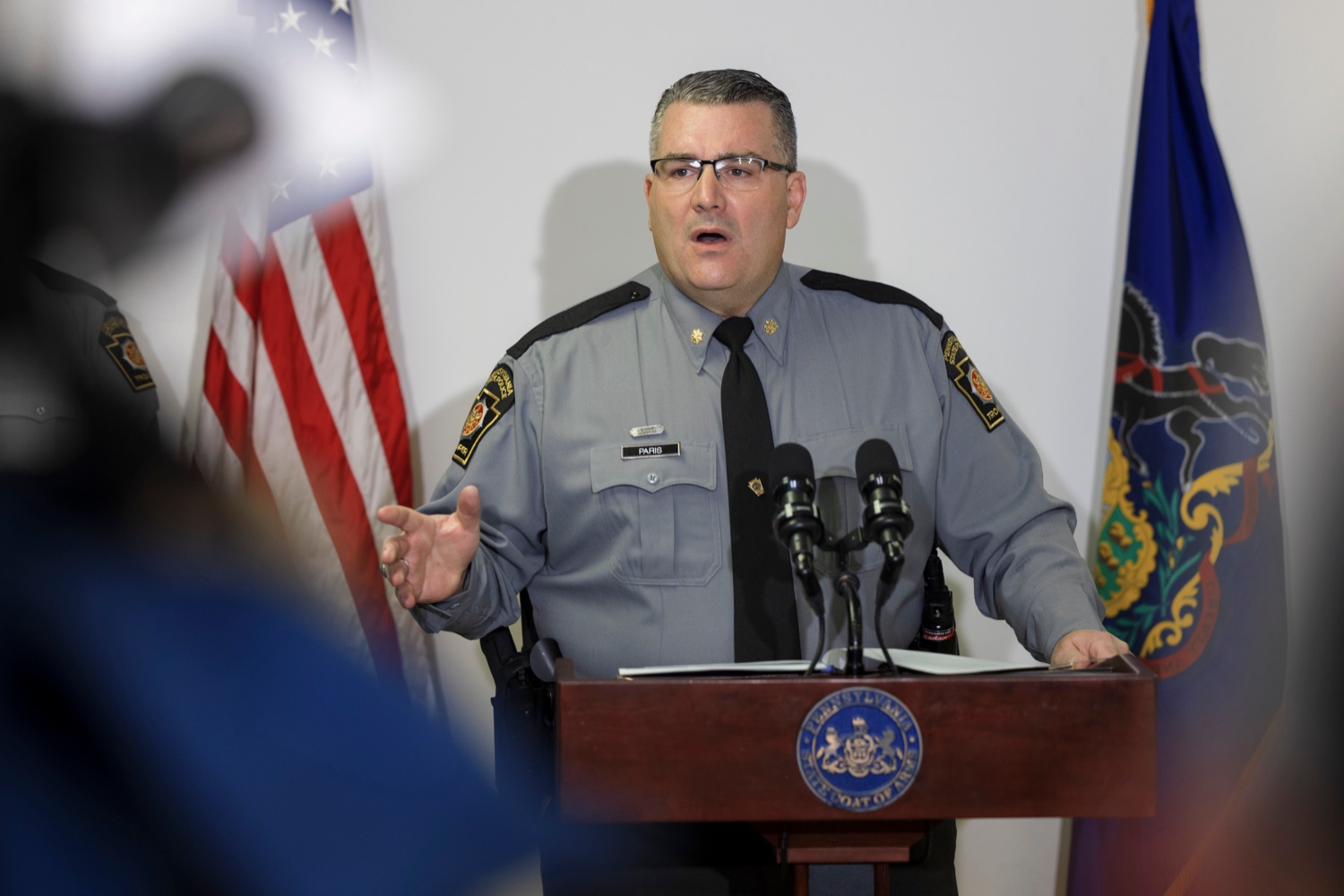 Major Christopher Paris, Area III Commander of State Police, speaks during a press conference to discuss the apprehension of Bryan C. Kohberger inside Monroe County District Attorney Office in Stroudsburg on Tuesday, January 3, 2023. Kohberger was taken into custody early Friday by members of Troop N and the Special Emergency Response Team at a home in Chestnuthill Township, in Monroe County, in connection to the homicides of four University of Idaho students on November 13.<br><a href="https://filesource.amperwave.net/commonwealthofpa/photo/22481_PSP_Kohberger_NK_019.JPG" target="_blank">⇣ Download Photo</a>