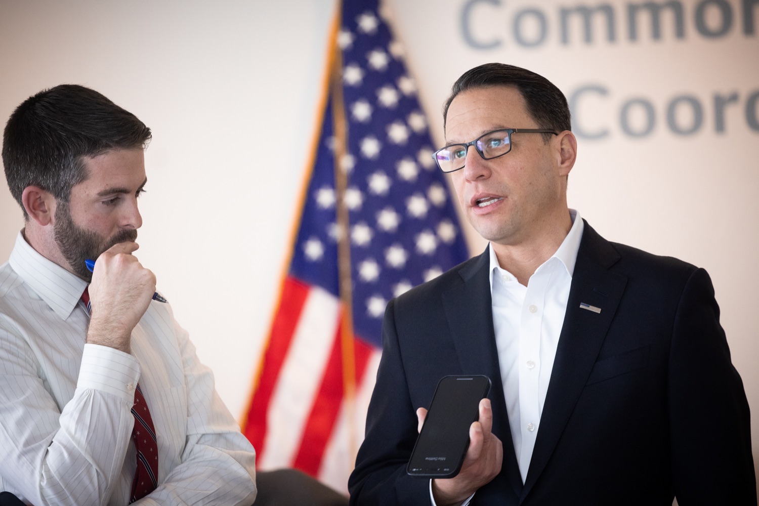 Governor Shapiro consulting with emergency management officials before giving urgent update on East Palestine train derailment from the PEMA media center.  FEBRUARY 06, 2023 - HARRISBURG, PA<br><a href="https://filesource.amperwave.net/commonwealthofpa/photo/22620_gov_trainDerailment_dz_003.JPG" target="_blank">⇣ Download Photo</a>