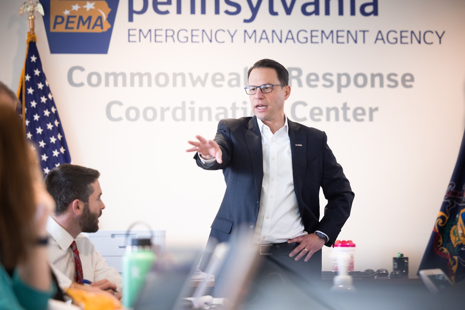 Governor Shapiro consulting with emergency management officials before giving urgent update on East Palestine train derailment from the PEMA media center.  FEBRUARY 06, 2023 - HARRISBURG, PA<br><a href="https://filesource.amperwave.net/commonwealthofpa/photo/22620_gov_trainDerailment_dz_015.JPG" target="_blank">⇣ Download Photo</a>