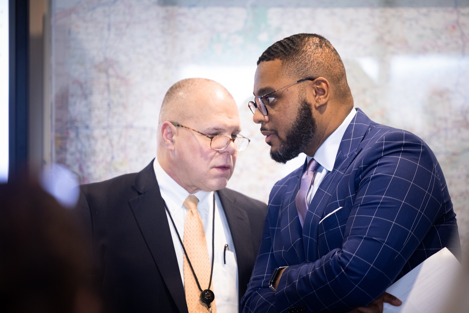 Lt. Governor Austin Davis consulting with emergency management officials before Governor Shapiros update on East Palestine train derailment from the PEMA media center.  FEBRUARY 06, 2023 - HARRISBURG, PA<br><a href="https://filesource.amperwave.net/commonwealthofpa/photo/22620_gov_trainDerailment_dz_016.JPG" target="_blank">⇣ Download Photo</a>