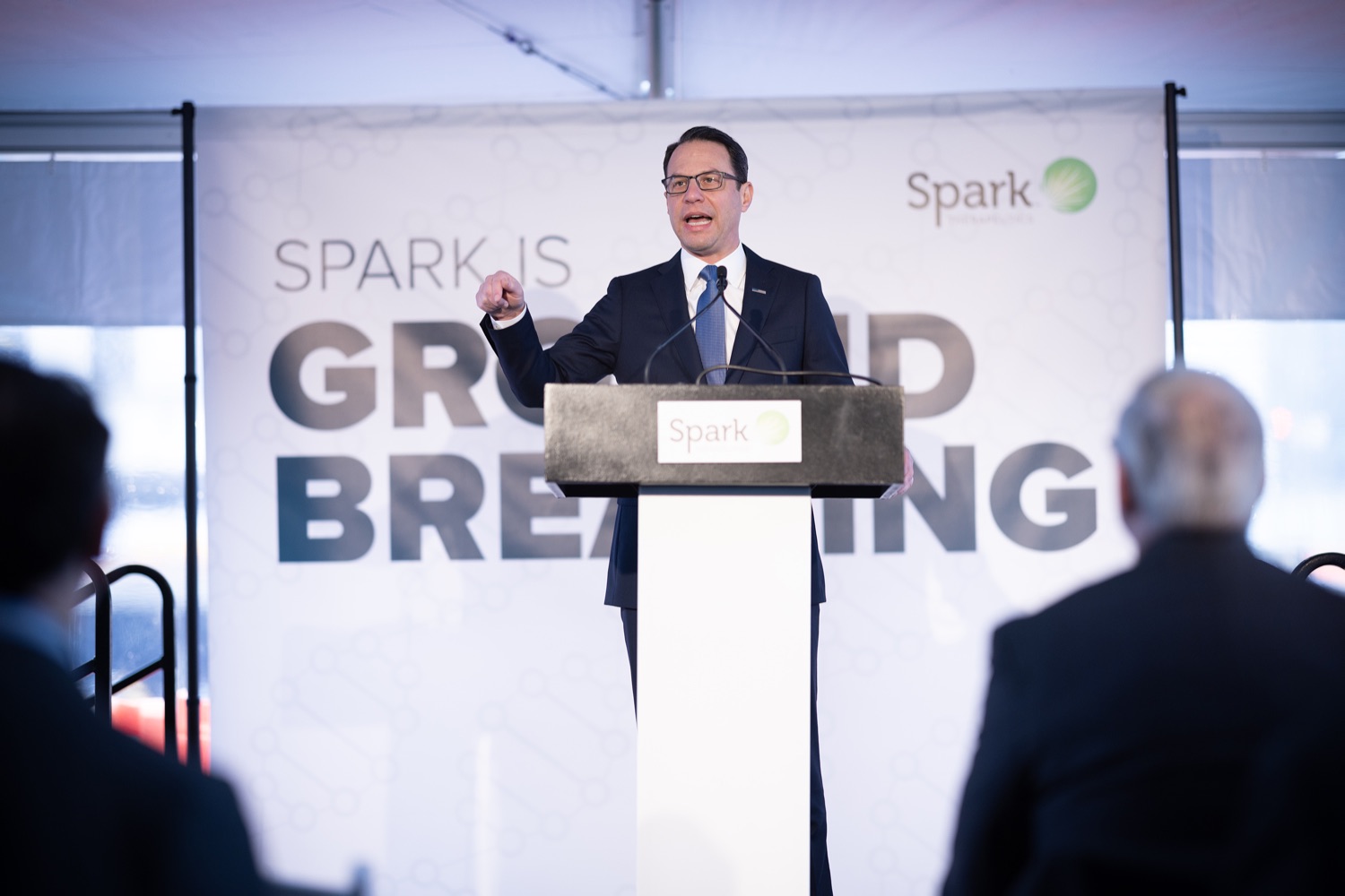 Pennsylvania Governor Josh Shapiro speaks with the press.   Pennsylvania Governor Josh Shapiro participates in a groundbreaking for Spark Therapeutics at the future site of their new building, at 30th and Chestnut streets.  FEBRUARY 28, 2023 - PHILADELPHIA, PA<br><a href="https://filesource.amperwave.net/commonwealthofpa/photo/22728_gov_spark_dz_0003.JPG" target="_blank">⇣ Download Photo</a>