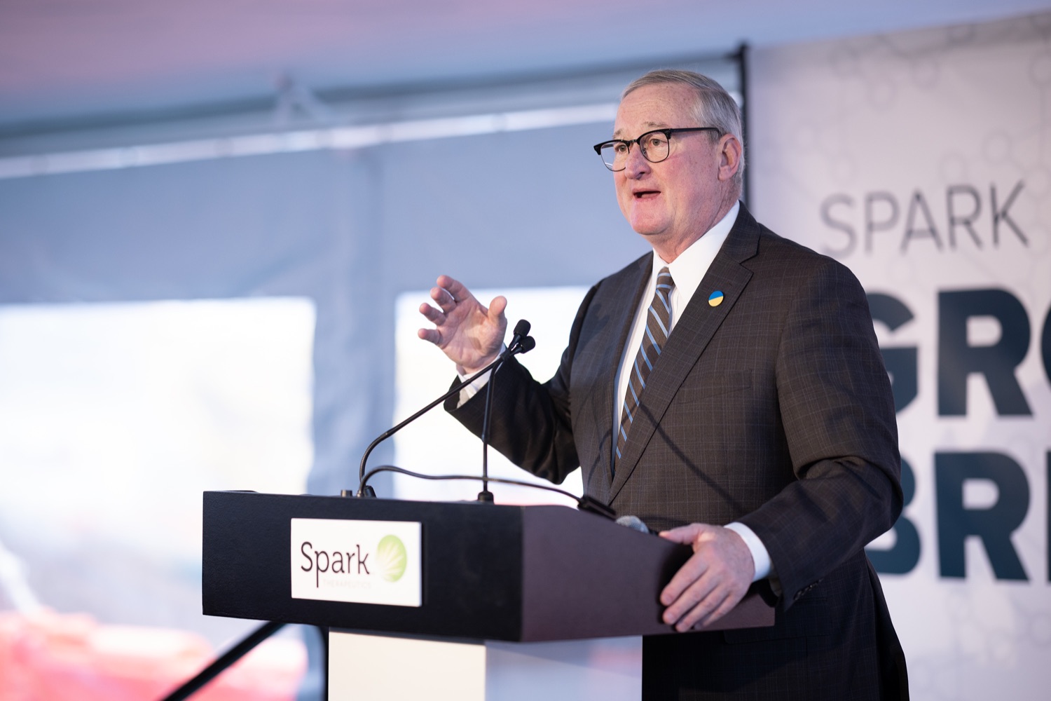 Mayor of Philadelphia Jim Kenney speaks with the press.   Pennsylvania Governor Josh Shapiro participates in a groundbreaking for Spark Therapeutics at the future site of their new building, at 30th and Chestnut streets.  FEBRUARY 28, 2023 - PHILADELPHIA, PA<br><a href="https://filesource.amperwave.net/commonwealthofpa/photo/22728_gov_spark_dz_0004.JPG" target="_blank">⇣ Download Photo</a>
