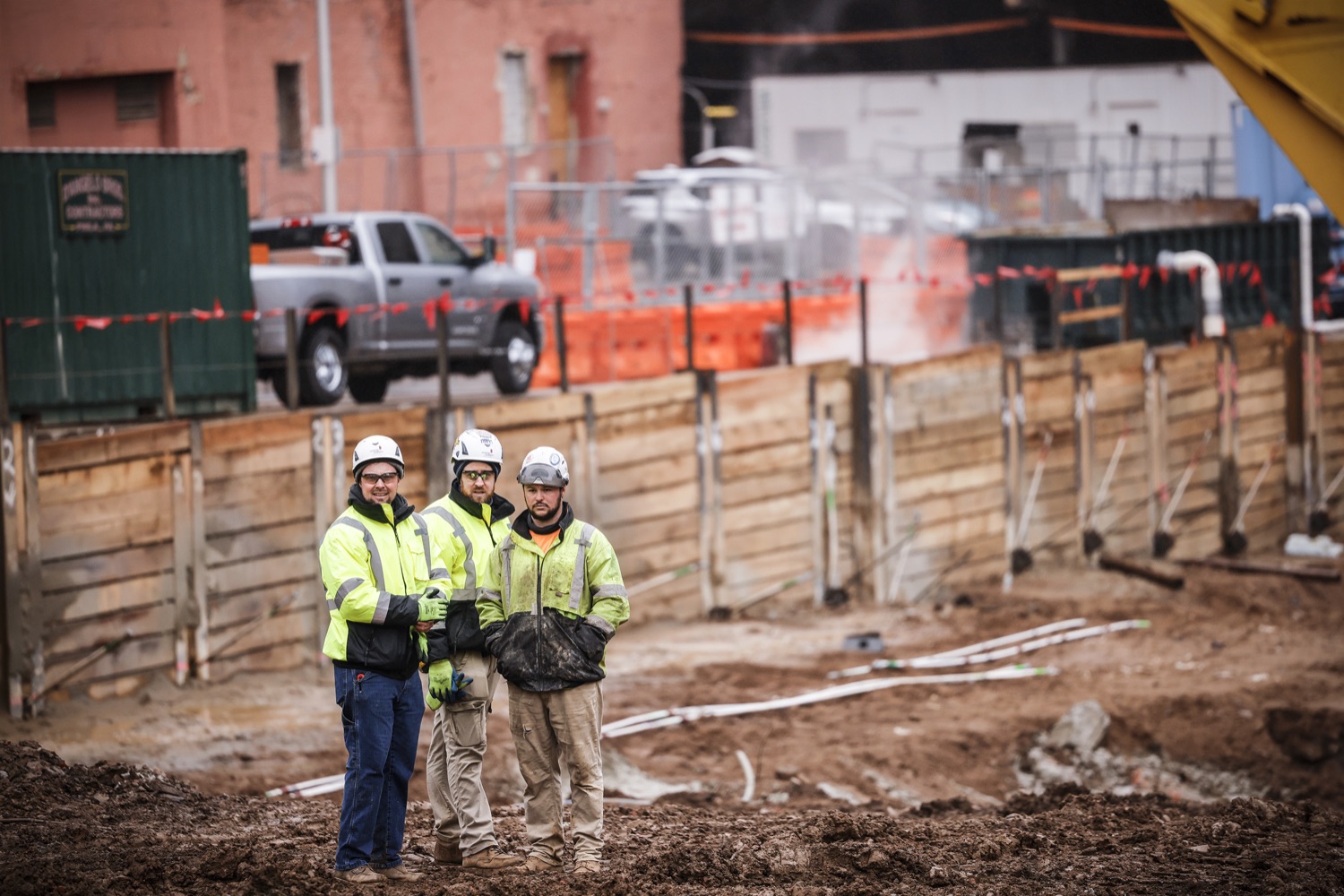 Workers at the construction site.  Pennsylvania Governor Josh Shapiro participates in a groundbreaking for Spark Therapeutics at the future site of their new building, at 30th and Chestnut streets.  FEBRUARY 28, 2023 - PHILADELPHIA, PA<br><a href="https://filesource.amperwave.net/commonwealthofpa/photo/22728_gov_spark_dz_0012.JPG" target="_blank">⇣ Download Photo</a>