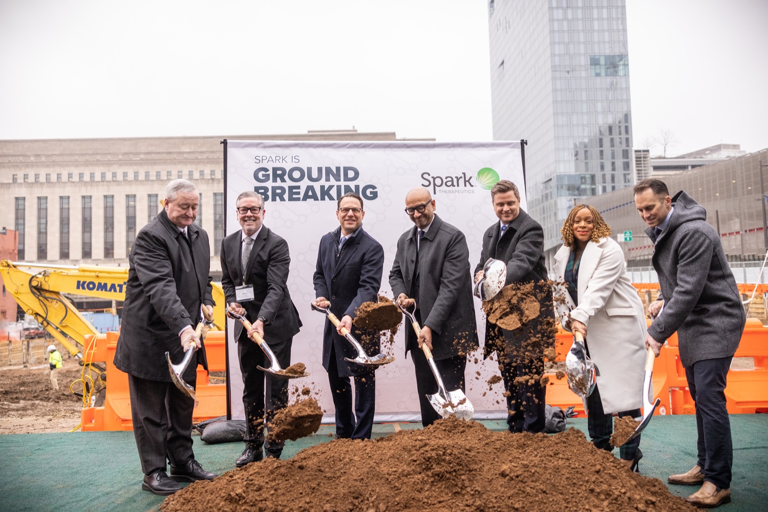 Pennsylvania Governor Josh Shapiro participates in a groundbreaking for Spark Therapeutics at the future site of their new building, at 30th and Chestnut streets.  FEBRUARY 28, 2023 - PHILADELPHIA, PA<br><a href="https://filesource.amperwave.net/commonwealthofpa/photo/22728_gov_spark_dz_0015.JPG" target="_blank">⇣ Download Photo</a>