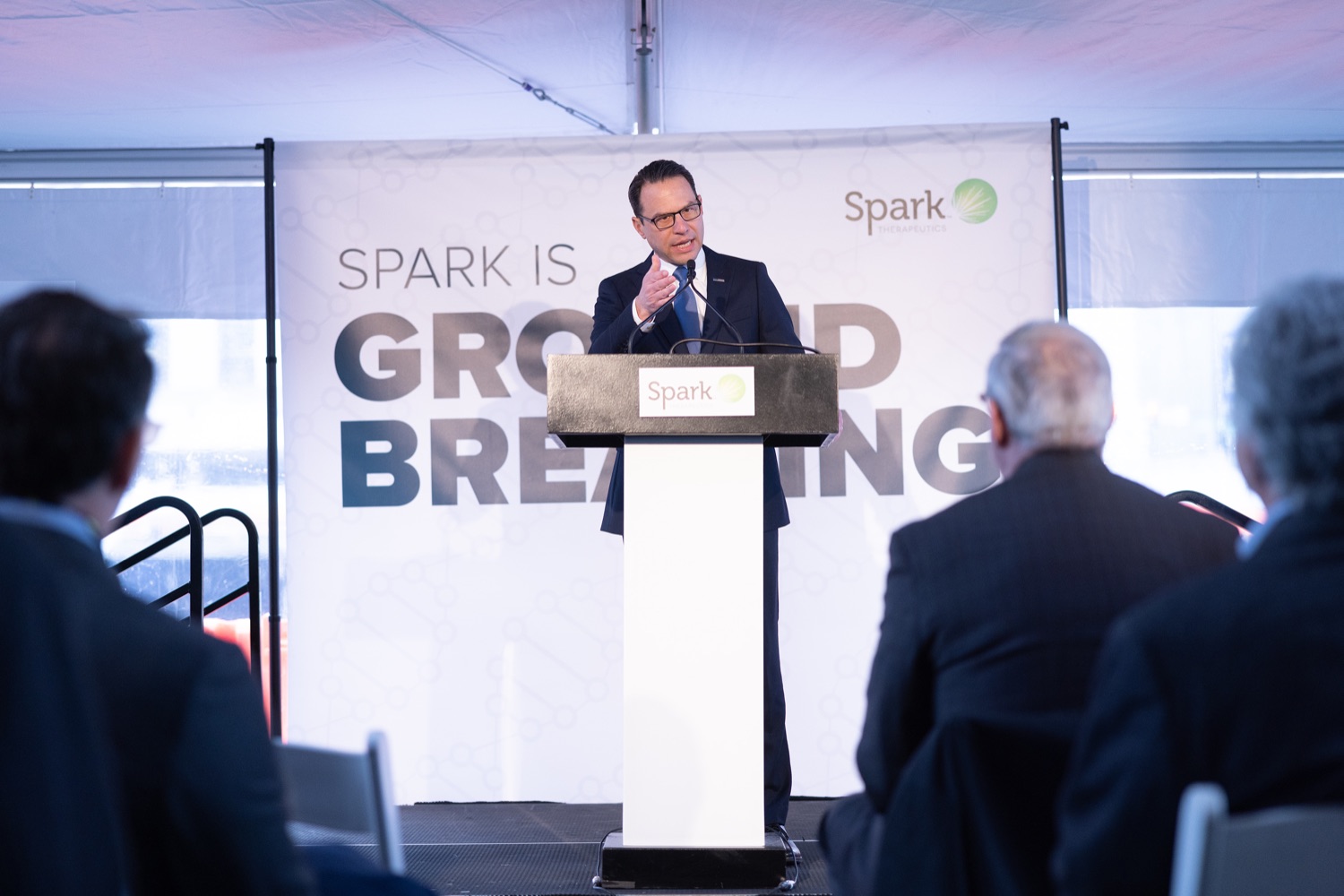 Pennsylvania Governor Josh Shapiro speaks with the press.   Pennsylvania Governor Josh Shapiro participates in a groundbreaking for Spark Therapeutics at the future site of their new building, at 30th and Chestnut streets.  FEBRUARY 28, 2023 - PHILADELPHIA, PA<br><a href="https://filesource.amperwave.net/commonwealthofpa/photo/22728_gov_spark_dz_0020.JPG" target="_blank">⇣ Download Photo</a>