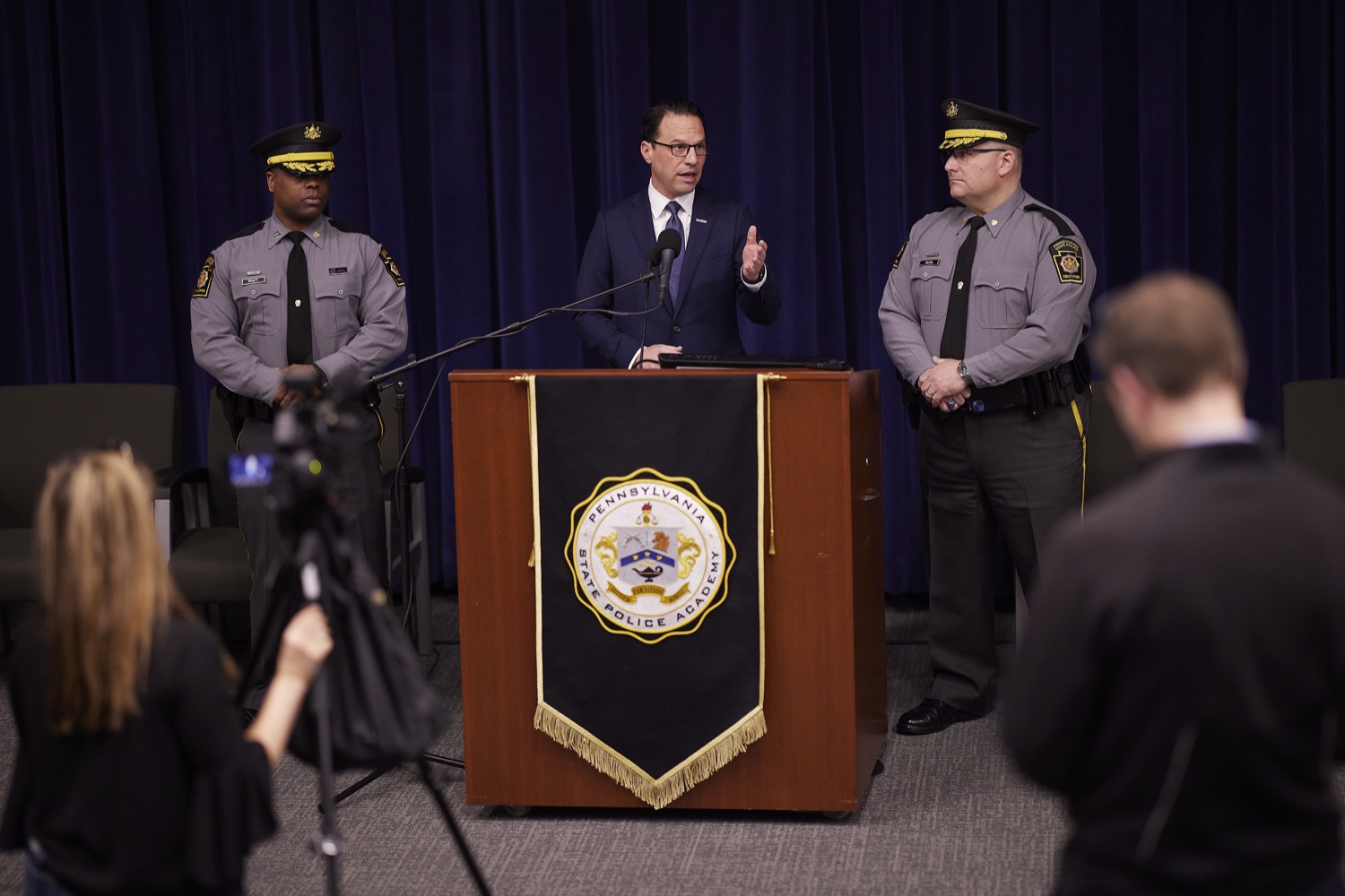 Pennsylvania Governor Josh Shapiro speaks with the press.   Governor Josh Shapiro visits the Pennsylvania State Police Academy to meet the current classes of Cadets, tour the Academy, and hold a press conference to highlight the crucial investments his budget makes to support law enforcement and invest in public safety.  MARCH 08, 2023 - HERSHEY, PA<br><a href="https://filesource.amperwave.net/commonwealthofpa/photo/22760_gov_publicSafety_dz_0019.JPG" target="_blank">⇣ Download Photo</a>