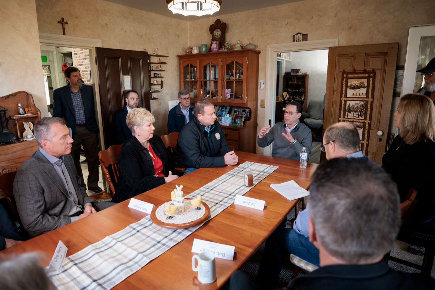 Governor Josh Shapiro shakes participates in a round table to discuss the Commonwealths coordinated response to the Hi-Path Avian Influenza crisis and share the steps taken to support poultry owners as they protect their flocks, at Silver Valley Farm in East Earl on Wednesday, March 29, 2023.<br><a href="https://filesource.amperwave.net/commonwealthofpa/photo/22849_GOV_AvianFlu_NK_002.JPG" target="_blank">⇣ Download Photo</a>