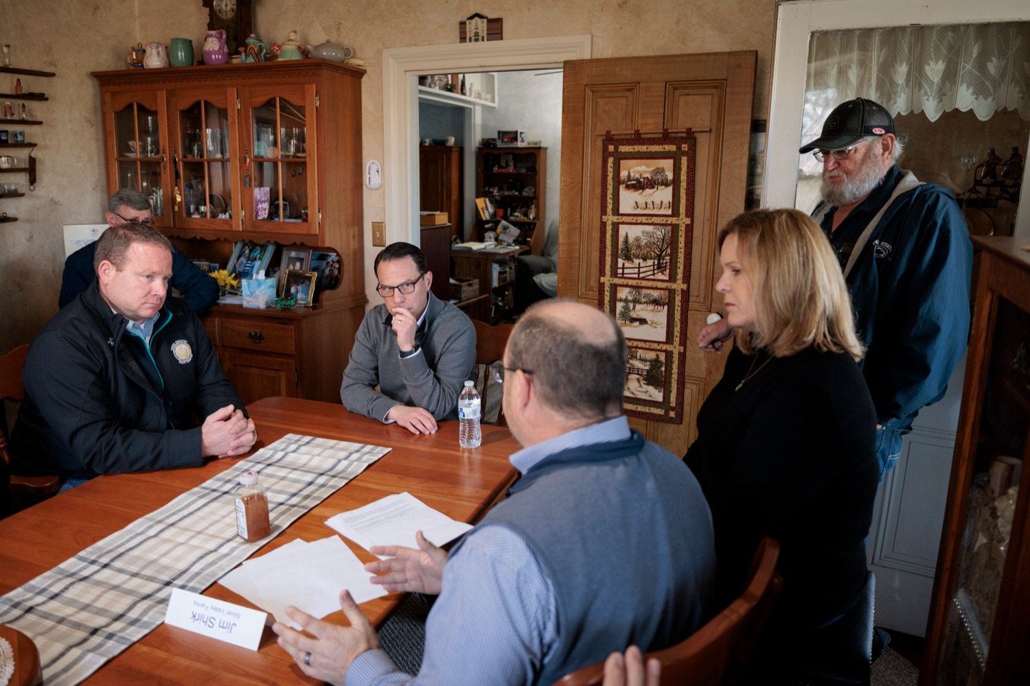 Governor Josh Shapiro shakes participates in a round table to discuss the Commonwealths coordinated response to the Hi-Path Avian Influenza crisis and share the steps taken to support poultry owners as they protect their flocks, at Silver Valley Farm in East Earl on Wednesday, March 29, 2023.<br><a href="https://filesource.amperwave.net/commonwealthofpa/photo/22849_GOV_AvianFlu_NK_013.JPG" target="_blank">⇣ Download Photo</a>