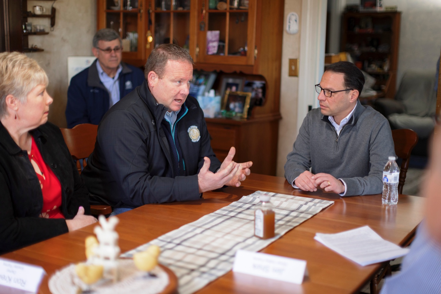 Governor Josh Shapiro shakes participates in a round table to discuss the Commonwealths coordinated response to the Hi-Path Avian Influenza crisis and share the steps taken to support poultry owners as they protect their flocks, at Silver Valley Farm in East Earl on Wednesday, March 29, 2023.<br><a href="https://filesource.amperwave.net/commonwealthofpa/photo/22849_GOV_AvianFlu_NK_018.JPG" target="_blank">⇣ Download Photo</a>